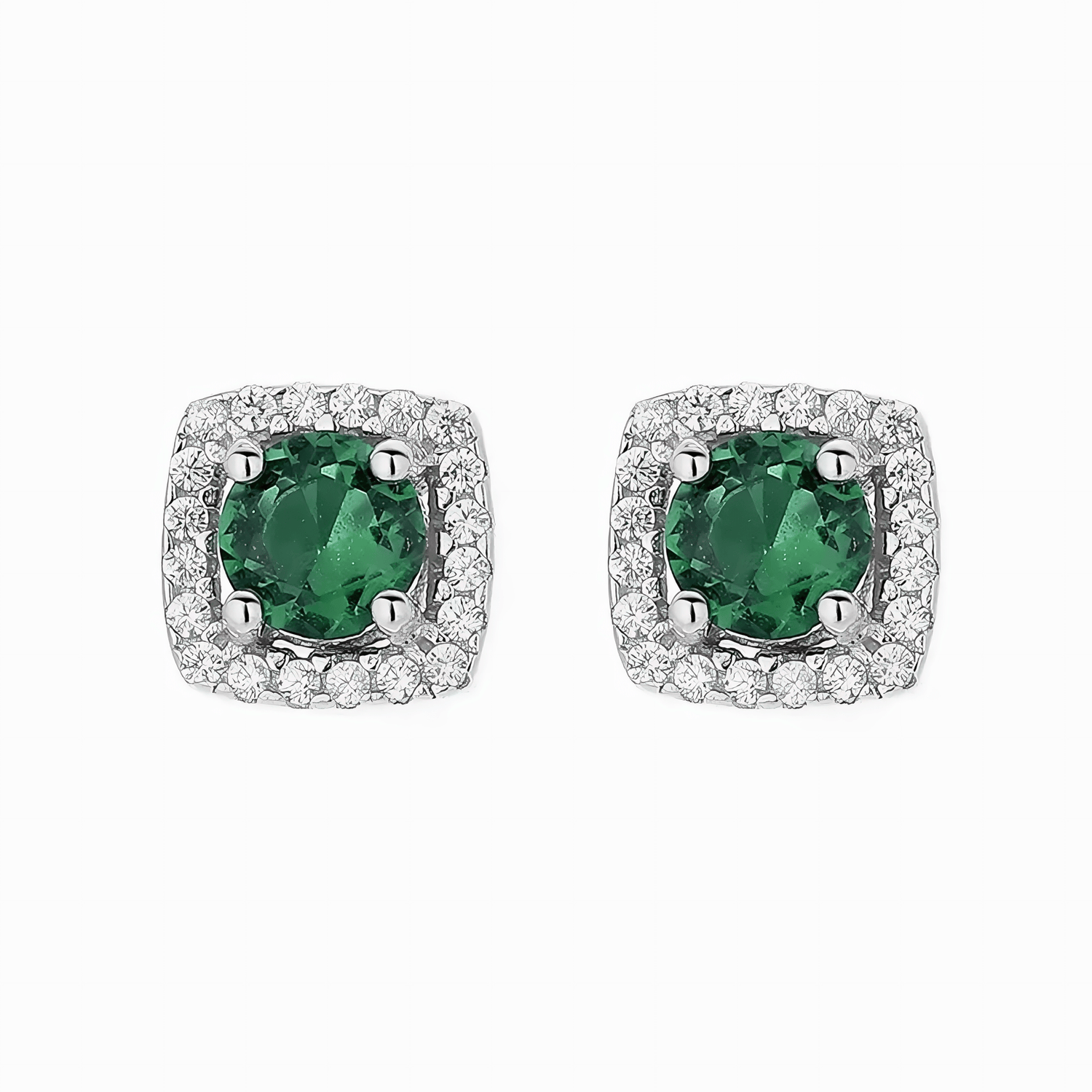 925 Sterling Silver Cushion Stud Earrings with Green Center and Halo AAA Cubic Zirconia - NAFALUXE