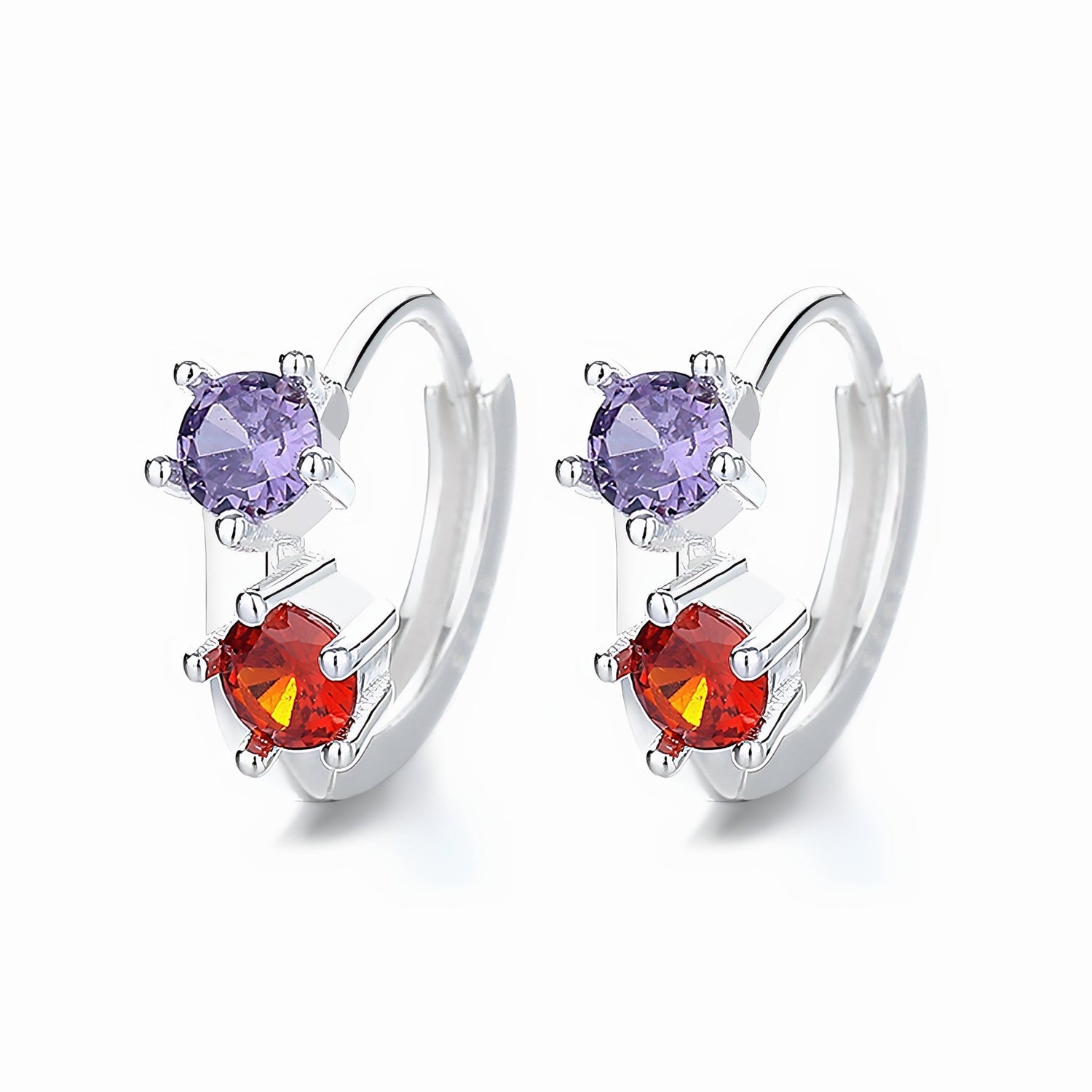925 Sterling Silver Double Stone Hoop Earrings with Purple and Red AAA Cubic Zirconia - NAFALUXE