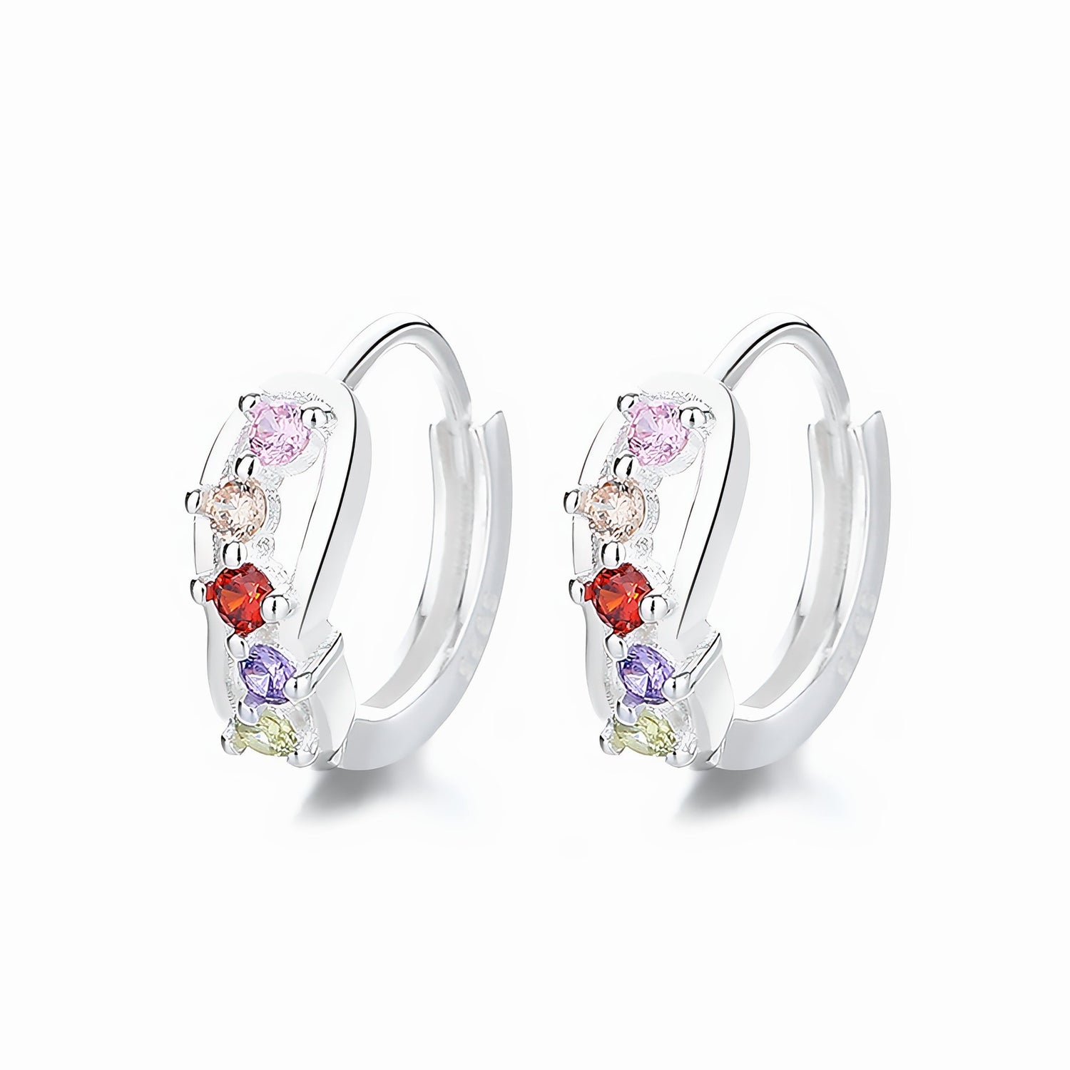 925 Sterling Silver Rainbow Huggie Hoop Earrings with Multicolor AAA Cubic Zirconia - NAFALUXE