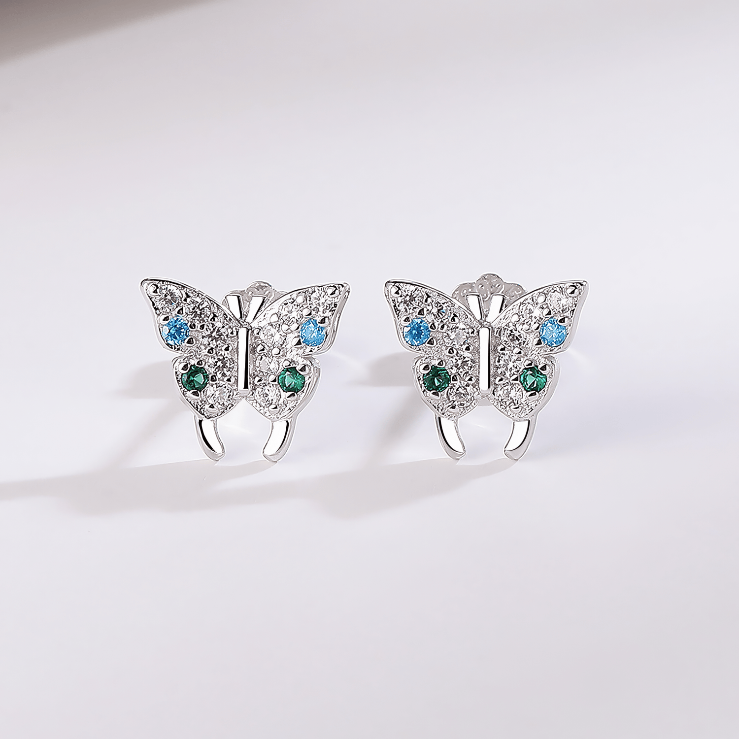 Blue & Green Butterfly Stud Earrings – 925 Sterling Silver with CZ Sparkle - NAFALUXE