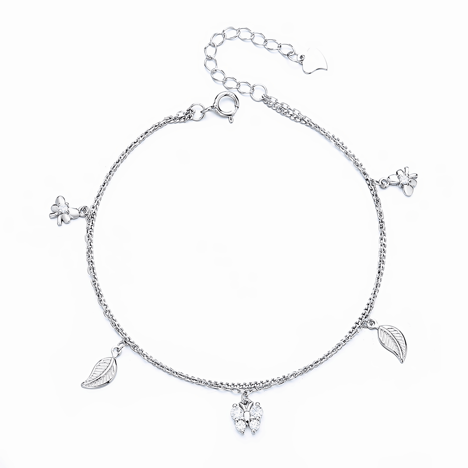 Butterfly & Leaf Double - Chain Charm Bracelet Sterling Silver 925 - NAFALUXE