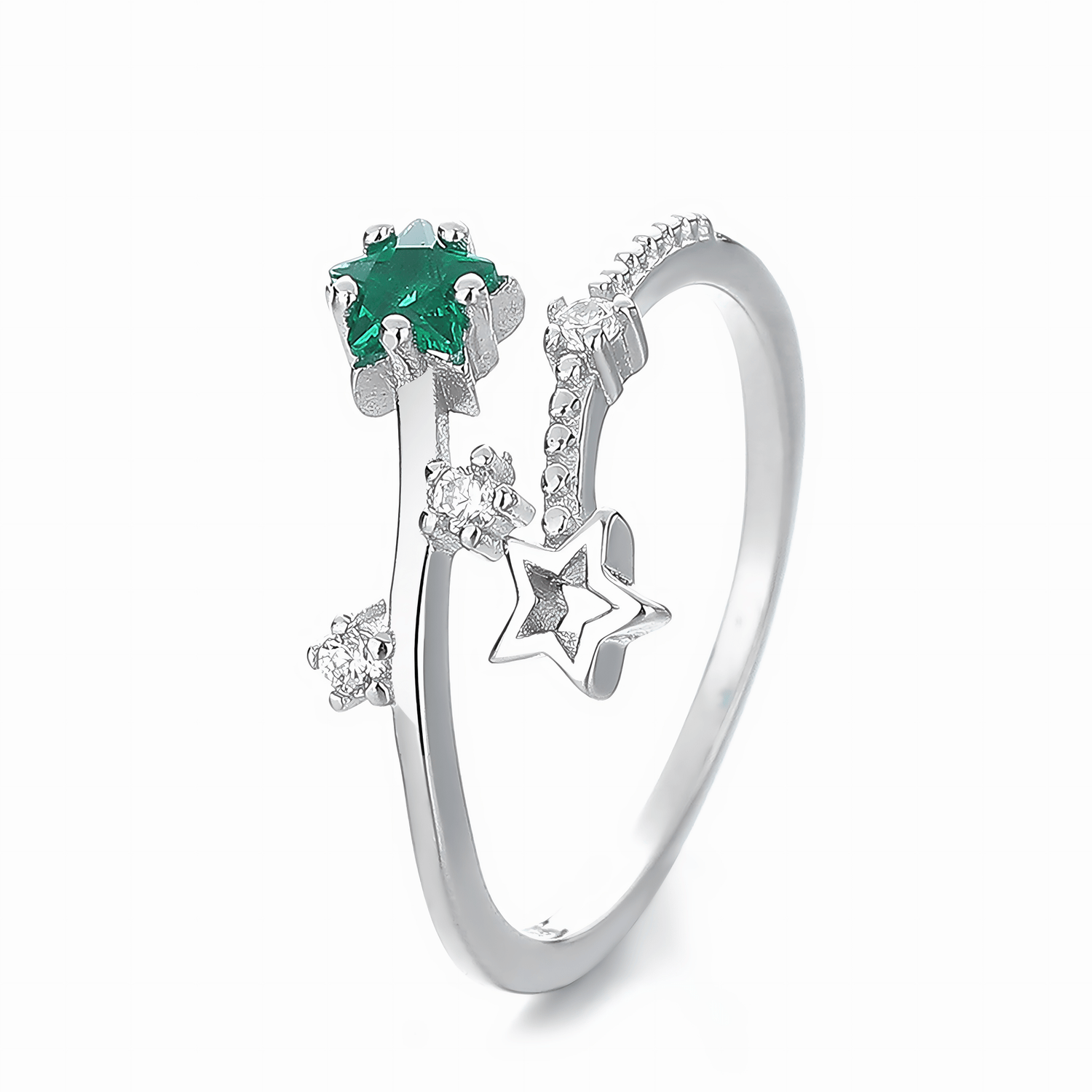 Celestial Dream – Sterling Silver Open Ring with Green Star CZ and Shooting Star Accents - NAFALUXE