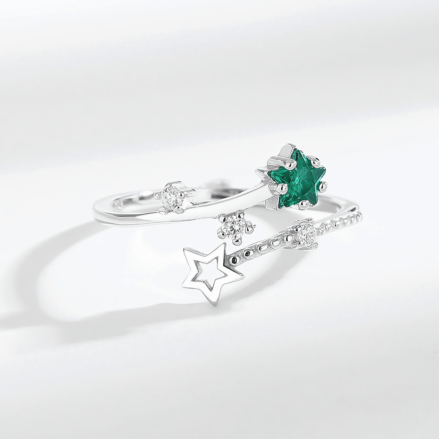 Celestial Dream – Sterling Silver Open Ring with Green Star CZ and Shooting Star Accents - NAFALUXE