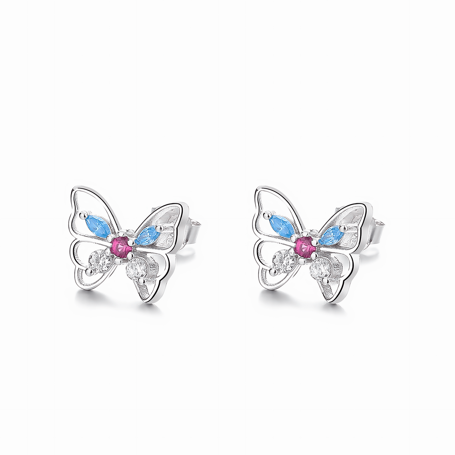 Colorful Butterfly Stud Earrings – 925 Sterling Silver with Blue, Pink & Clear CZ - NAFALUXE