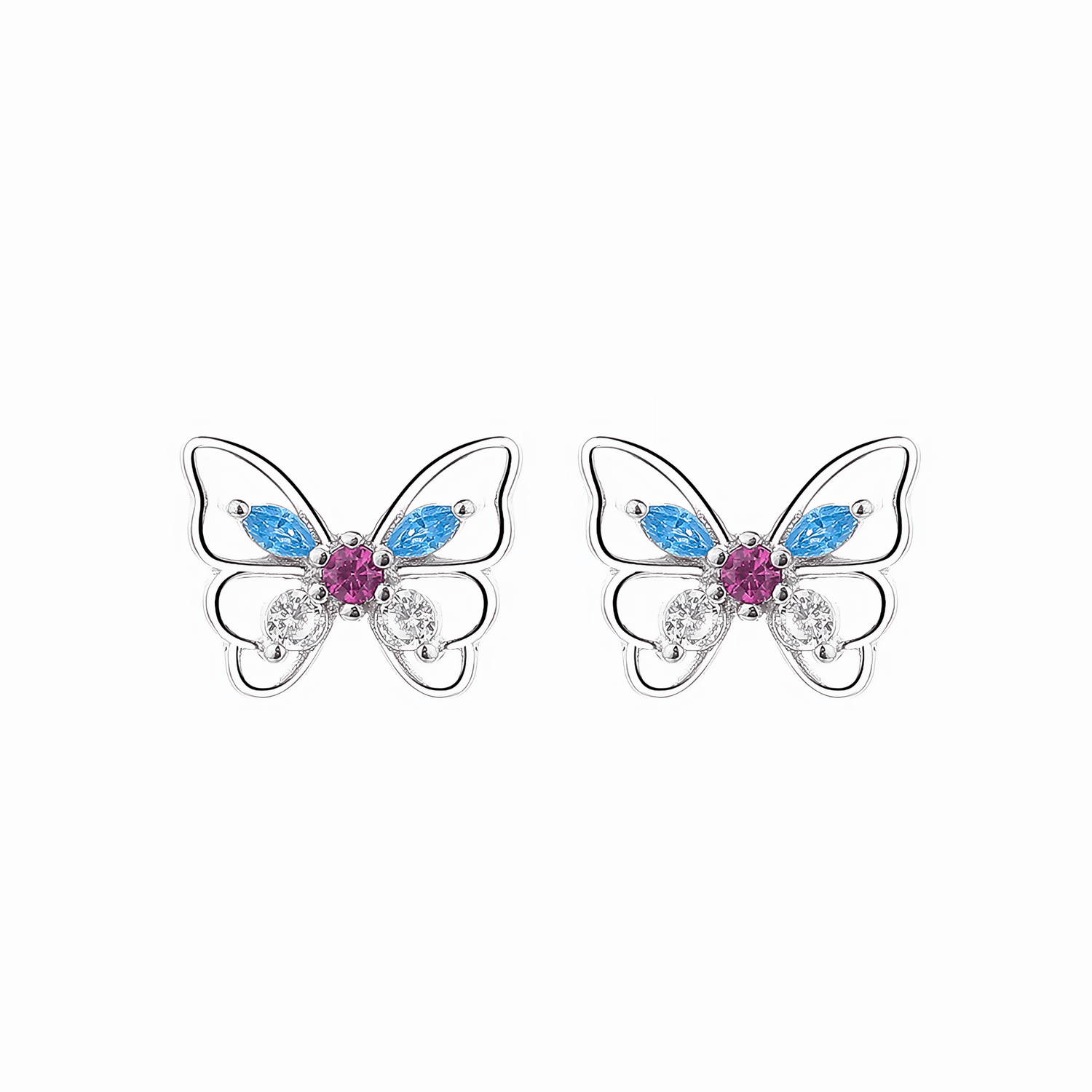 Colorful Butterfly Stud Earrings – 925 Sterling Silver with Blue, Pink & Clear CZ - NAFALUXE