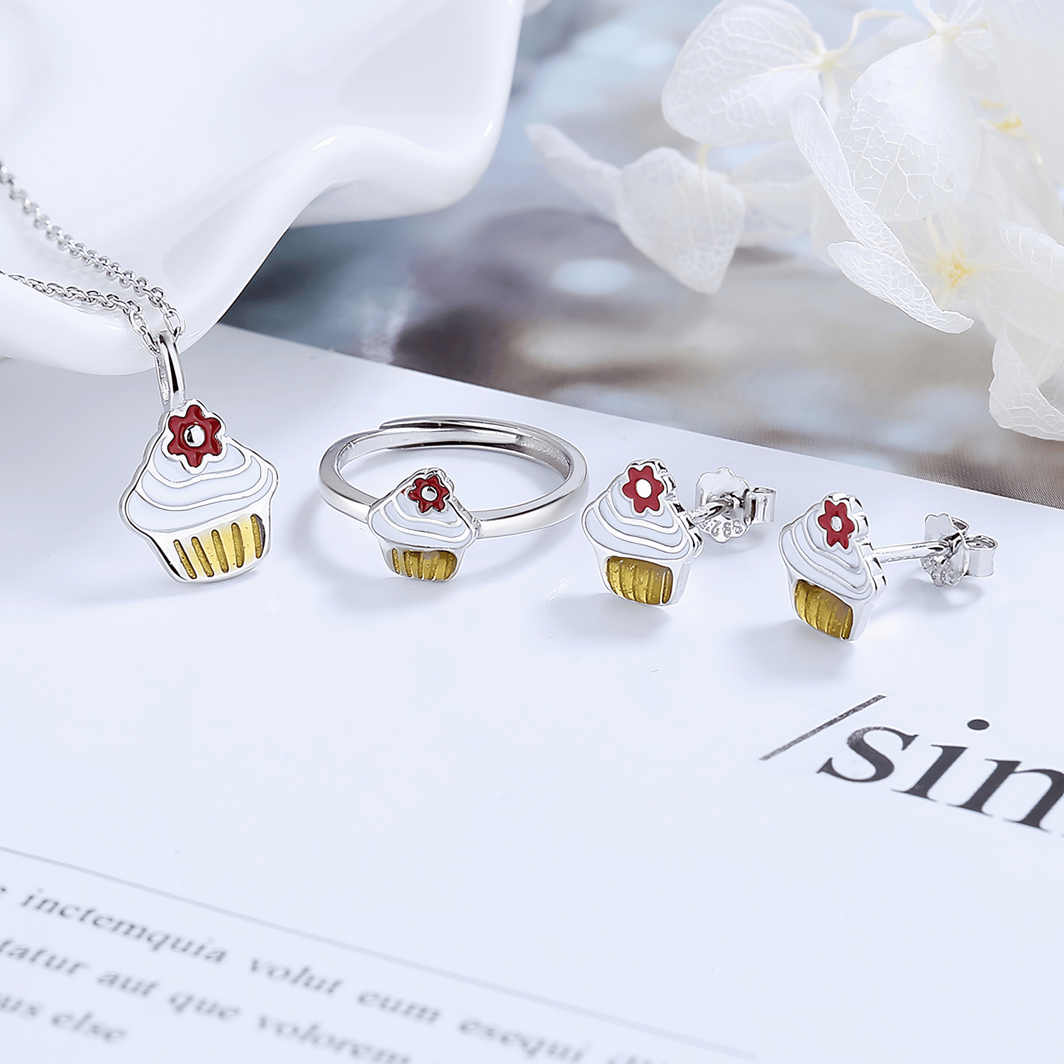 Cupcake Jewelry Set with Enamel – Necklace Earrings Ring - NAFALUXE