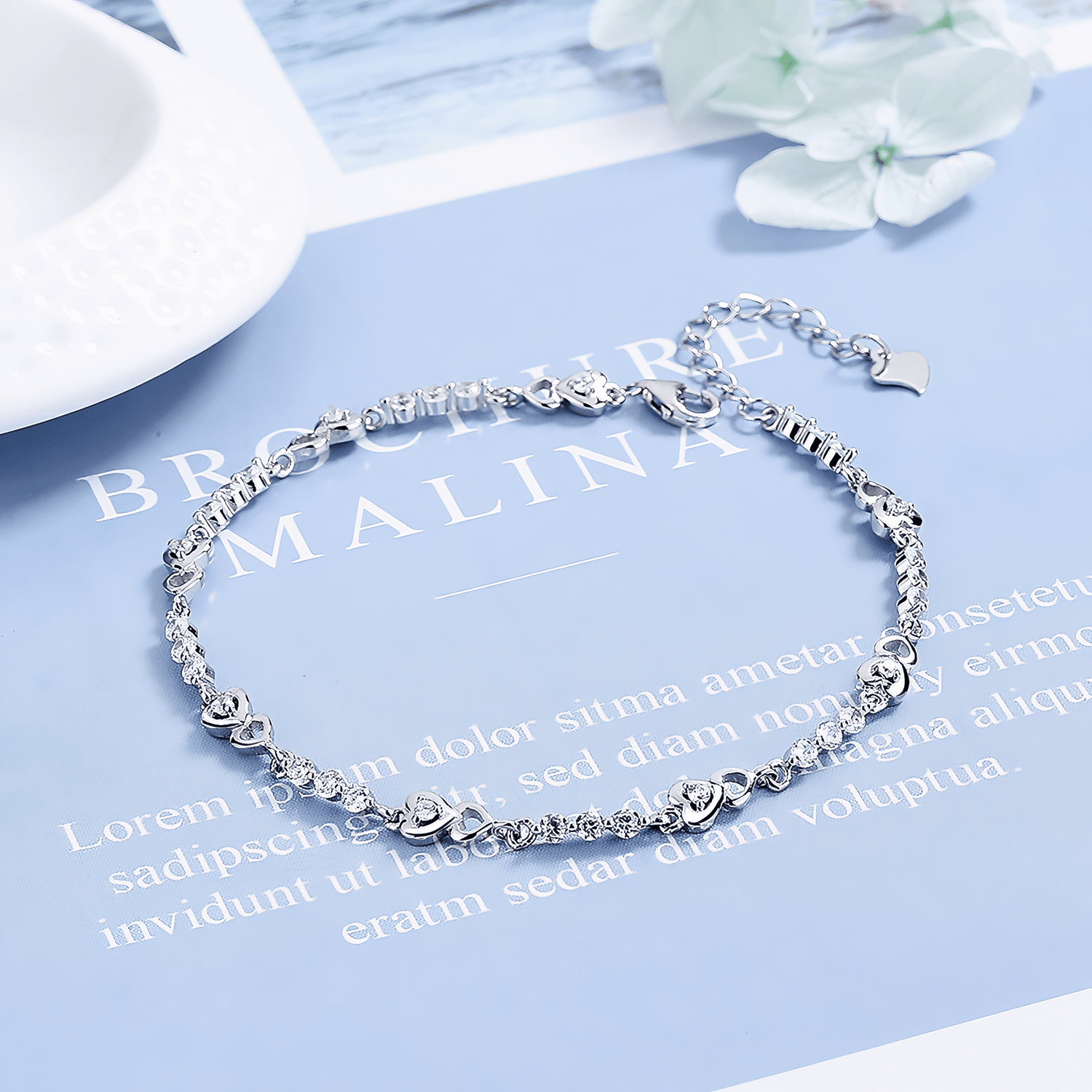 Dainty Heart Link Bracelet with Sparkling Stones Sterling Silver 925 - NAFALUXE