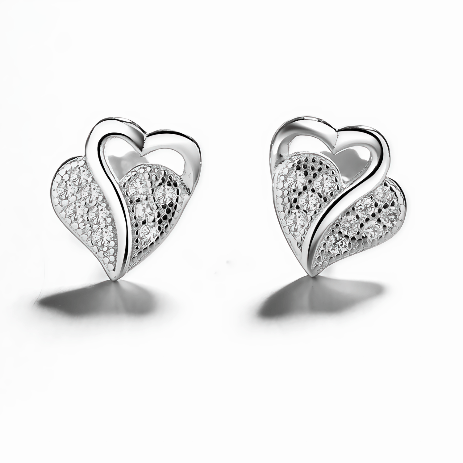 Double Heart Stud Earrings – Sterling Silver with CZ Crystals - NAFALUXE