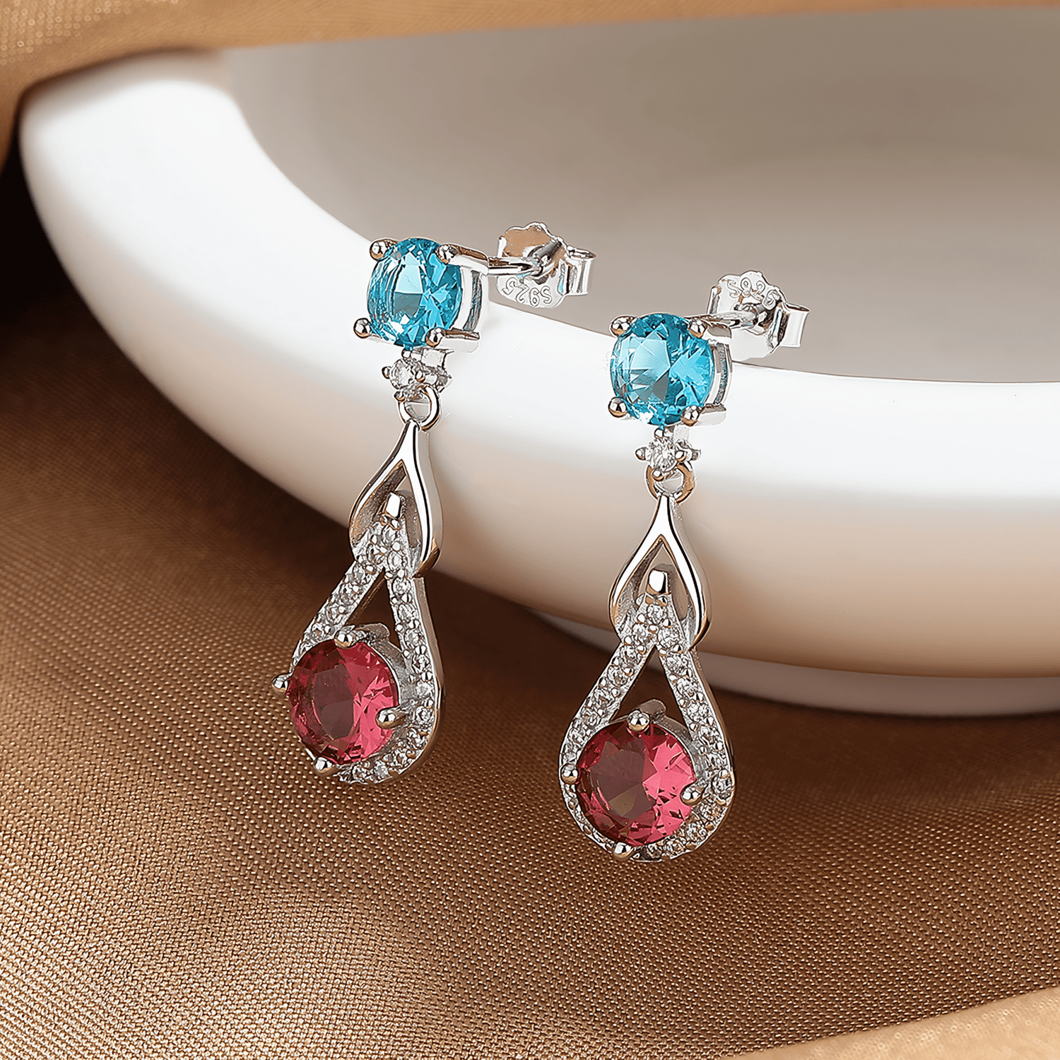 Dual Tone Drop Earrings – 925 Sterling Silver with Blue & Pink CZ Crystals - NAFALUXE