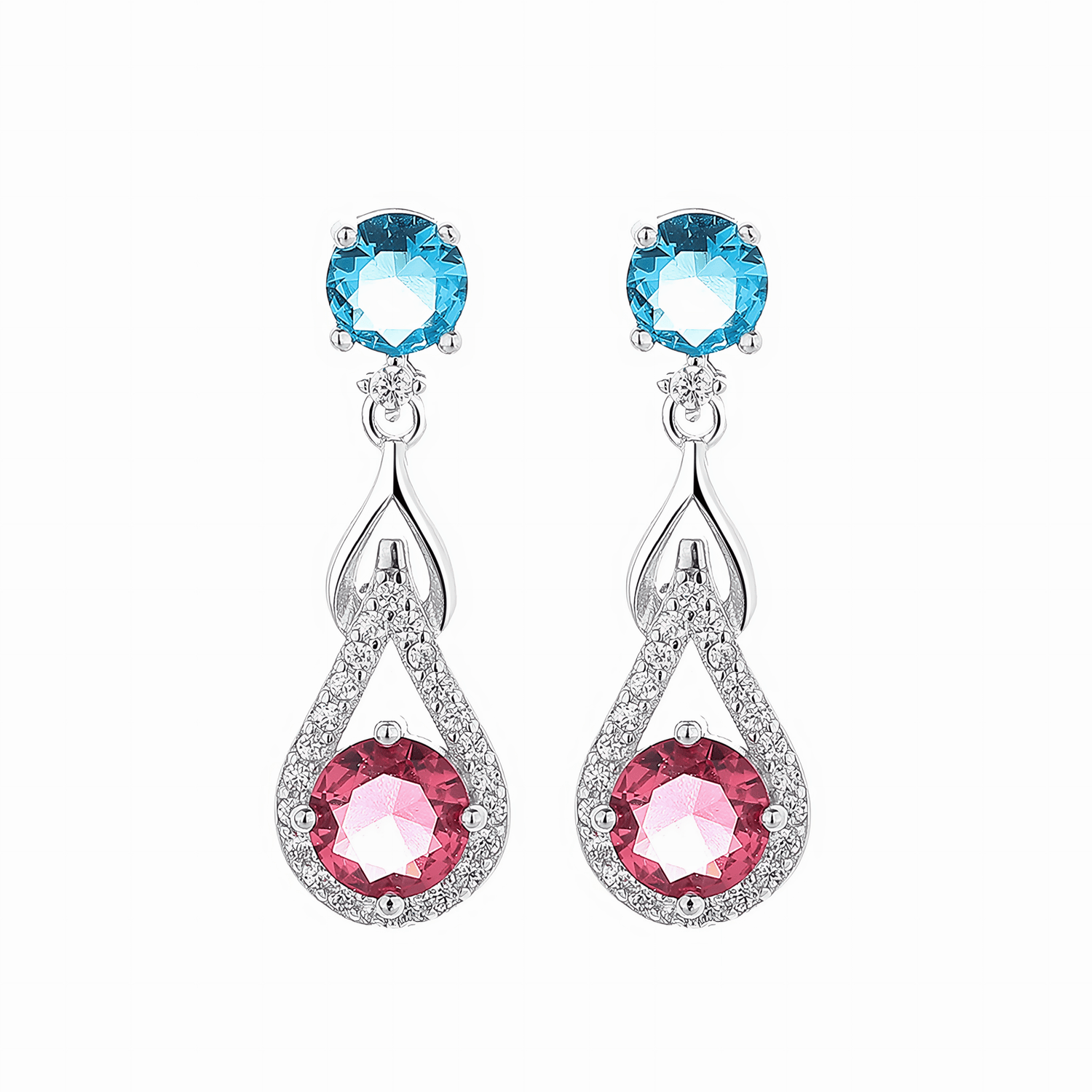 Dual Tone Drop Earrings – 925 Sterling Silver with Blue & Pink CZ Crystals - NAFALUXE