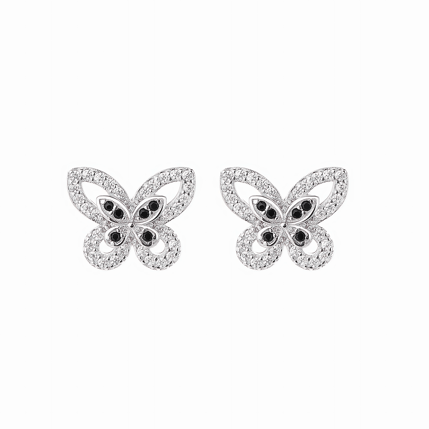 Elegant Butterfly Stud Earrings – 925 Sterling Silver with Black & White CZ - NAFALUXE