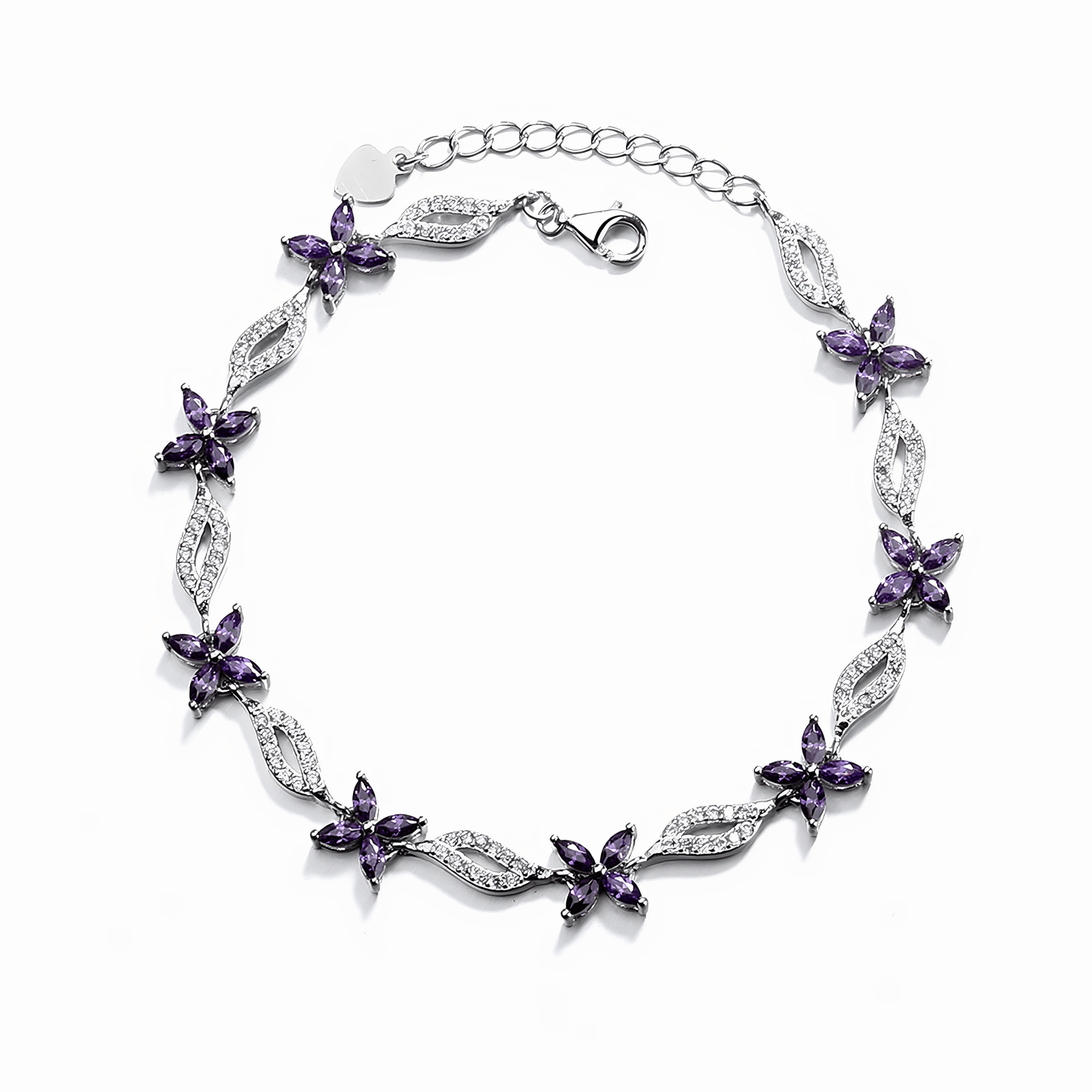 Floral Bracelet with Purple Marquise Zirconia and Crystal Leaf Accents - NAFALUXE