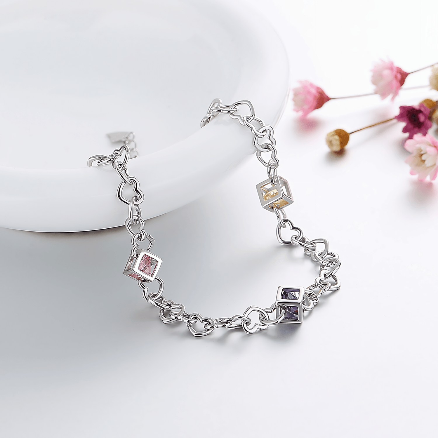 Geometric Cube Gemstone Chain Bracelet Sterling Silver 925 - NAFALUXE