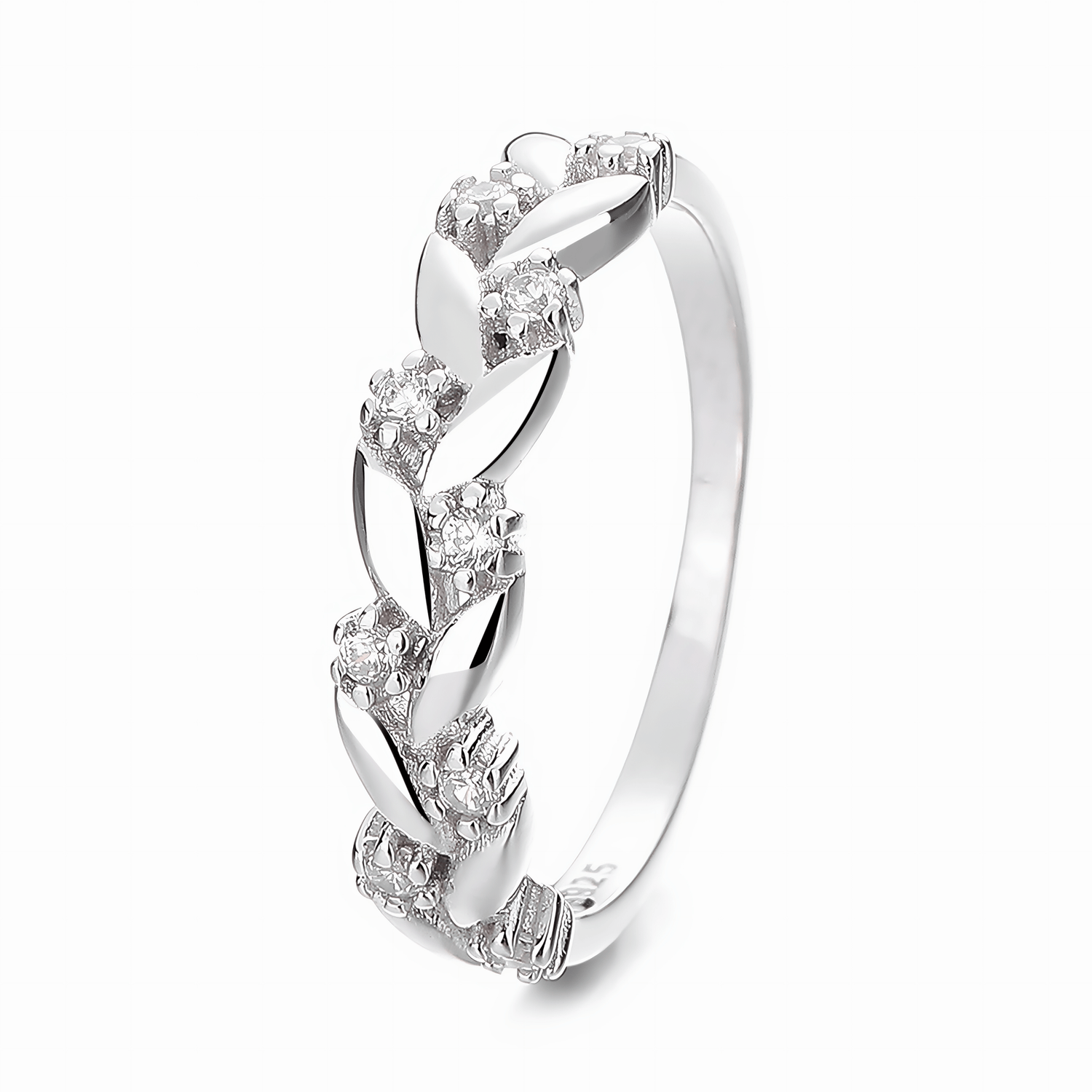 Luxe Laurel – Sterling Silver Leaf Band with Sparkling CZ Accents - NAFALUXE
