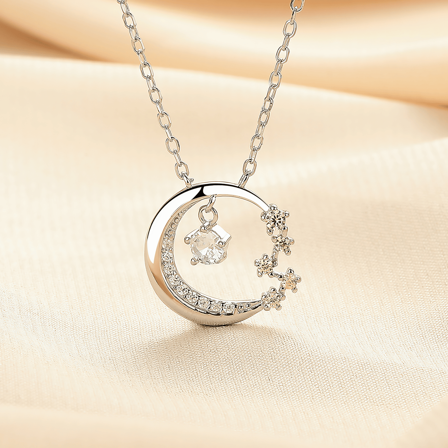 Moon and Stars Necklace – Sterling Silver with CZ Crystals - NAFALUXE