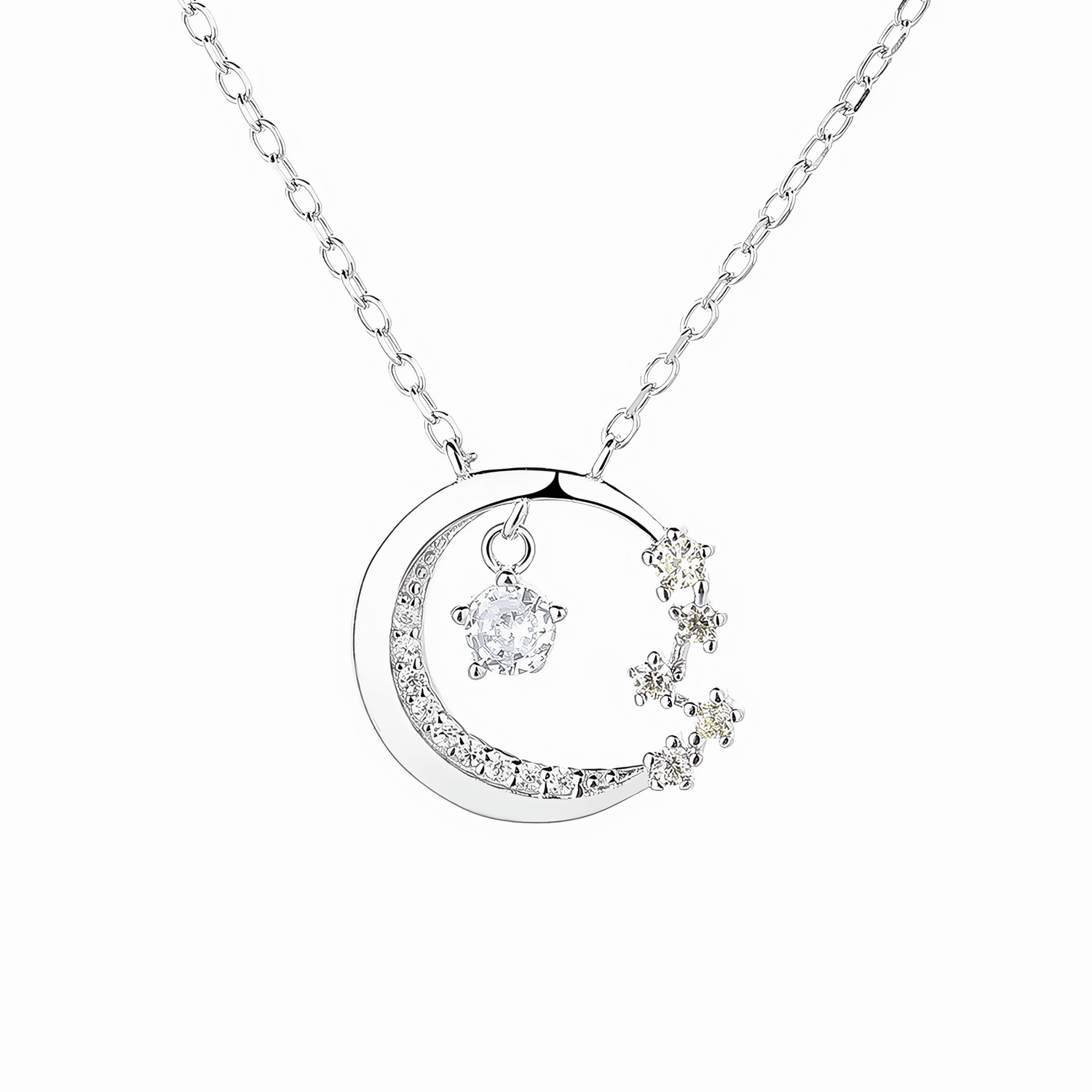 Moon and Stars Necklace – Sterling Silver with CZ Crystals - NAFALUXE