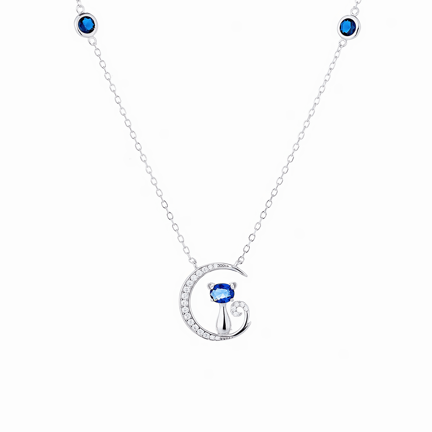 Moon Cat Necklace – Sterling Silver with Blue Sapphire Crystal - NAFALUXE