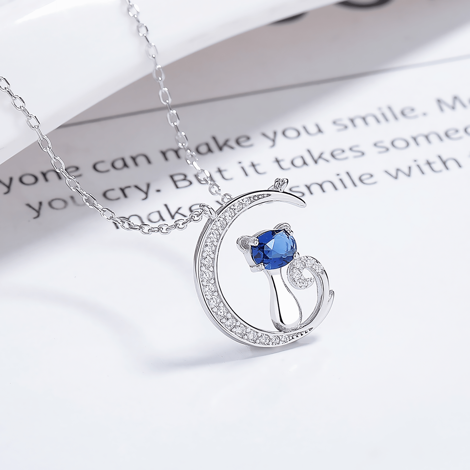 Moon Cat Necklace – Sterling Silver with Blue Sapphire Crystal - NAFALUXE