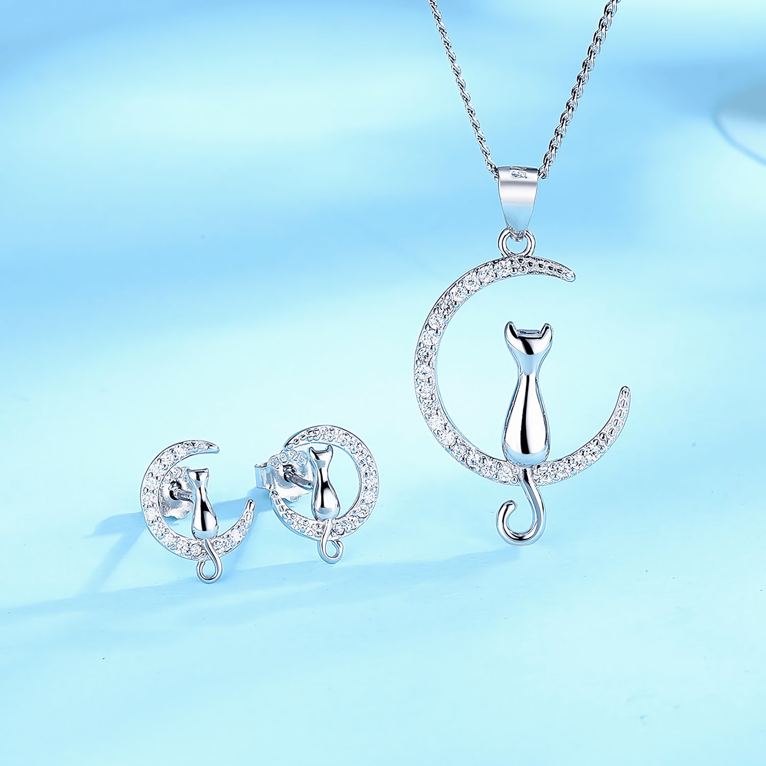 Moonlight Whiskers Set – Sparkling Cat and Crescent Moon Necklace and Earrings in Sterling Silver - NAFALUXE
