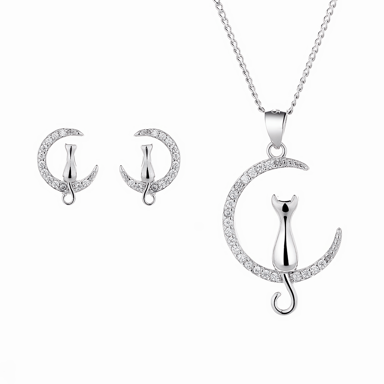 Moonlight Whiskers Set – Sparkling Cat and Crescent Moon Necklace and Earrings in Sterling Silver - NAFALUXE