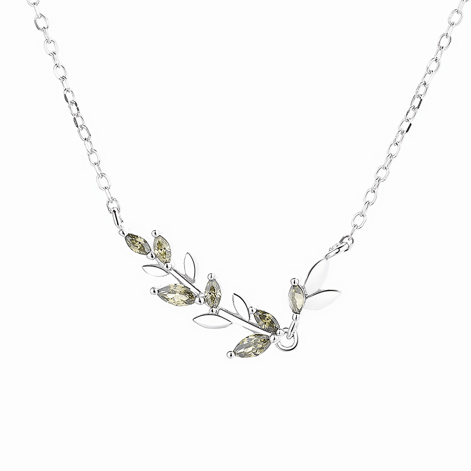 Olive Leaf Necklace in Sterling Silver with Green Zirconia - NAFALUXE