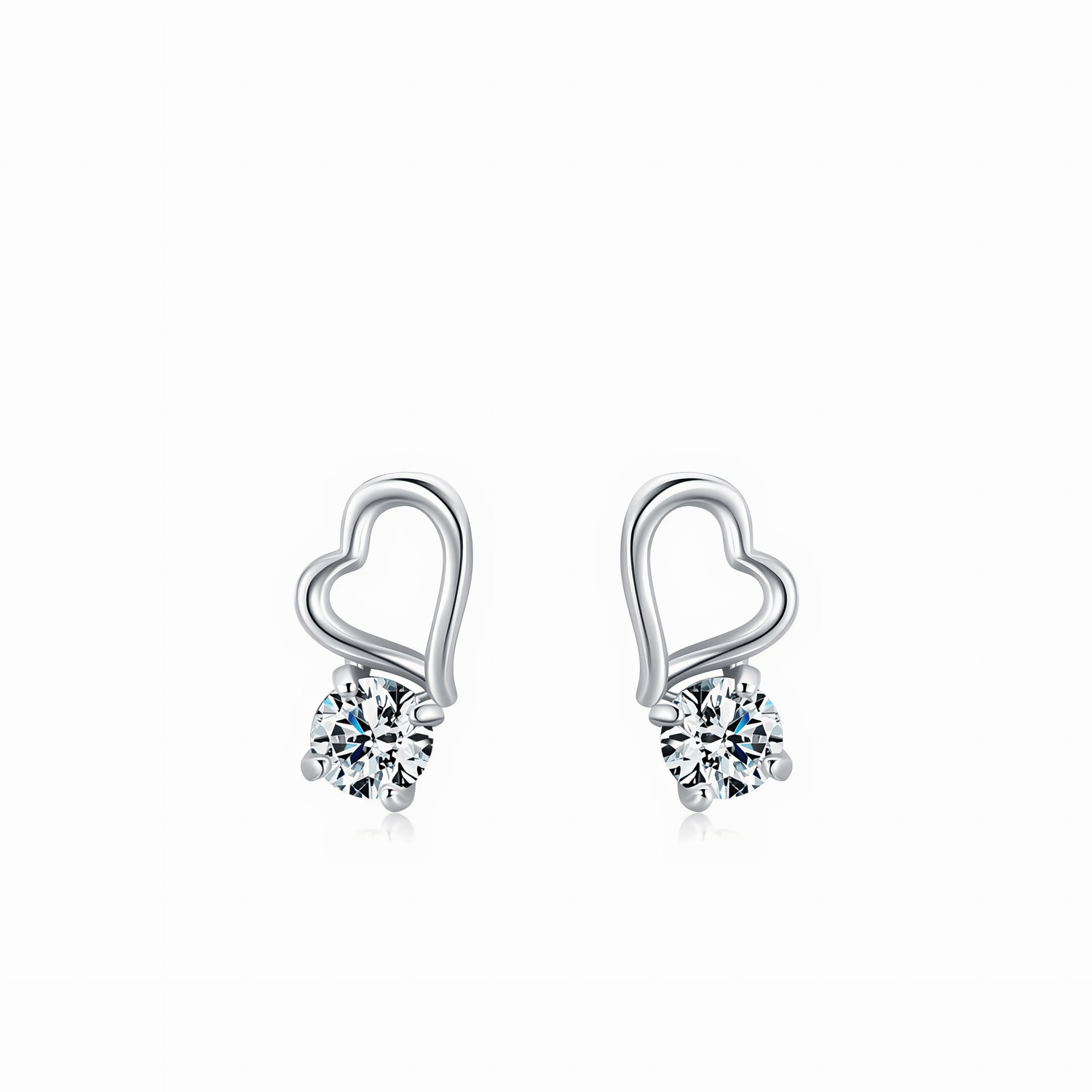 Open Heart Stud Earrings 925 Sterling Silver with Round Zirconia - NAFALUXE