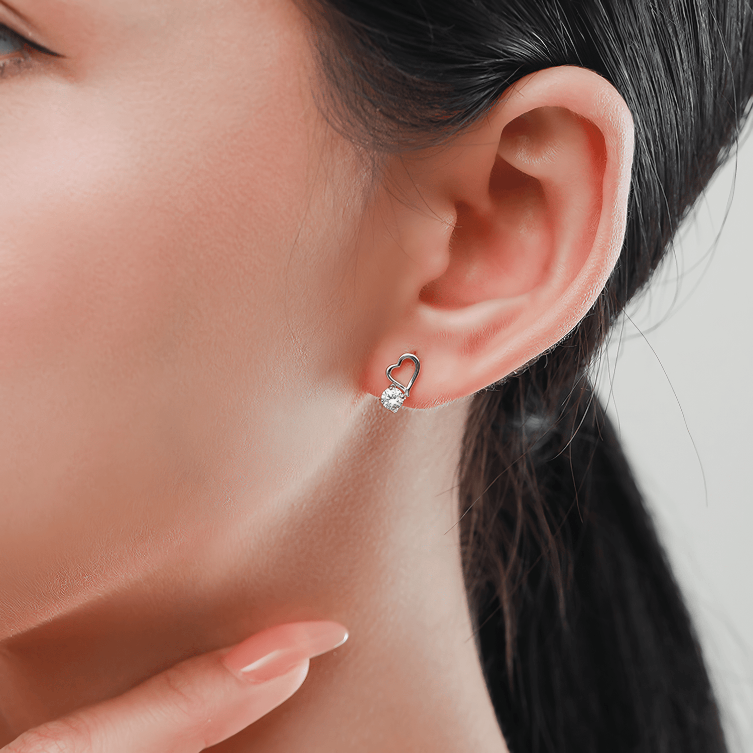 Open Heart Stud Earrings 925 Sterling Silver with Round Zirconia - NAFALUXE