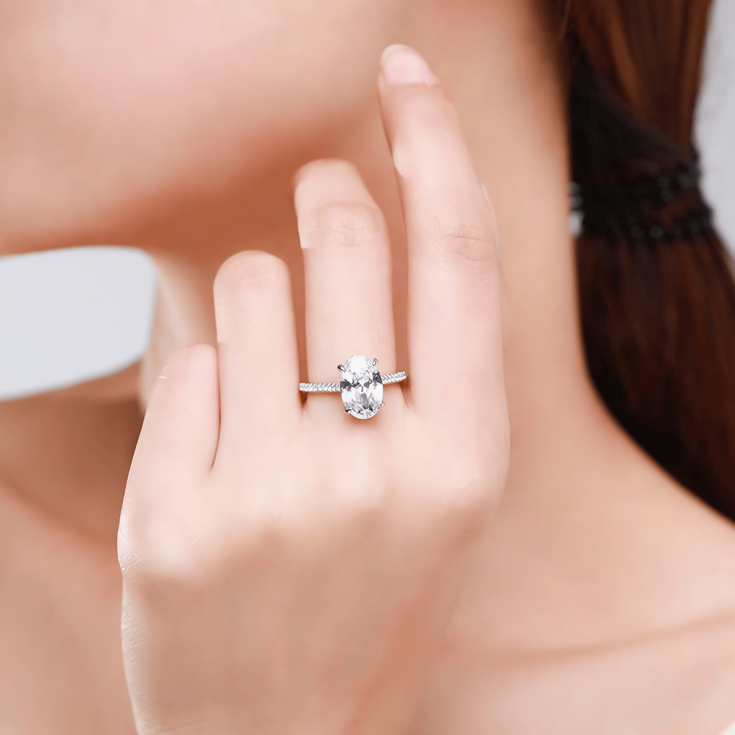 Oval Cut Solitaire Ring 925 Sterling Silver with Zirconia Band - NAFALUXE