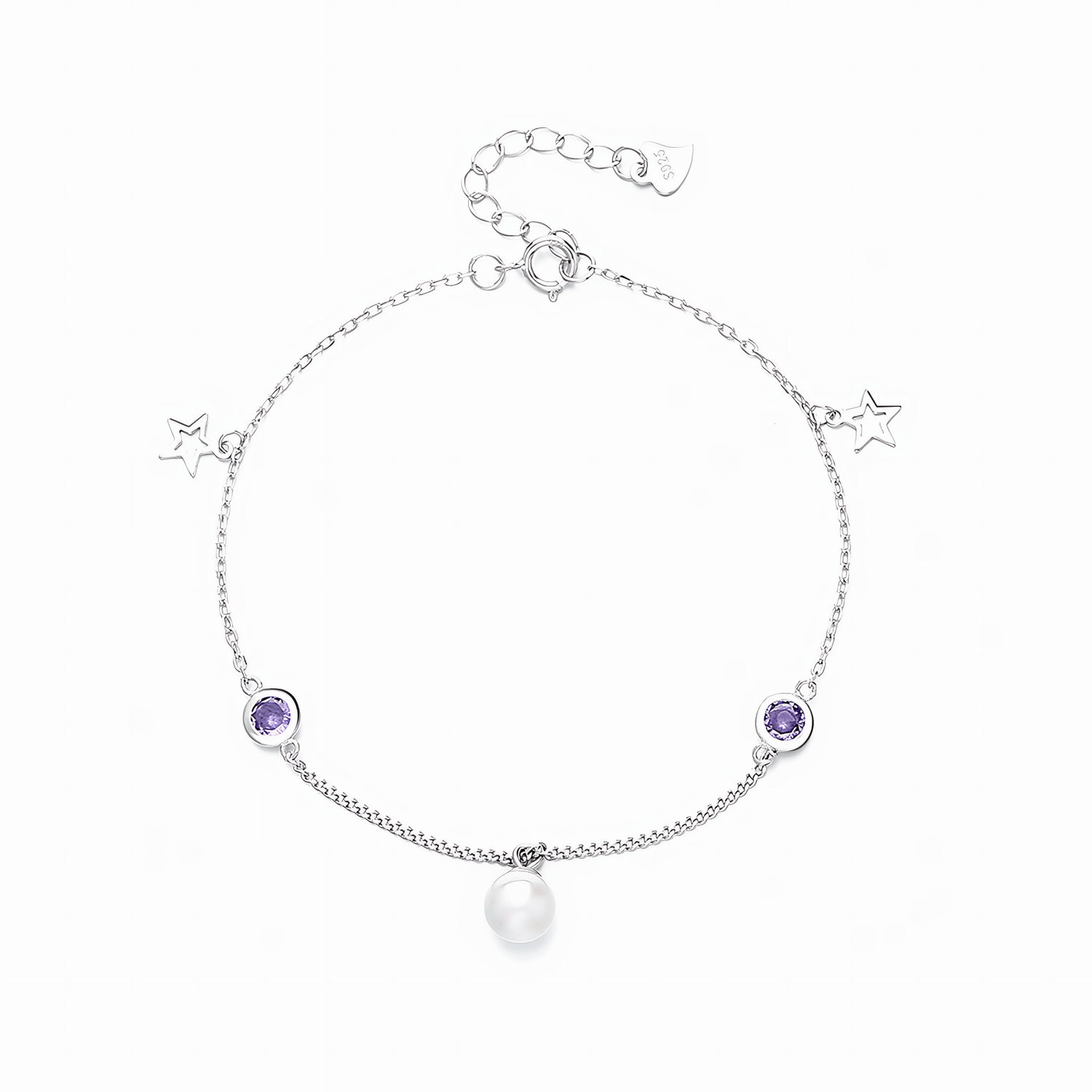 Pearl & Amethyst Star Charm Bracelet Sterling Silver 925 - NAFALUXE