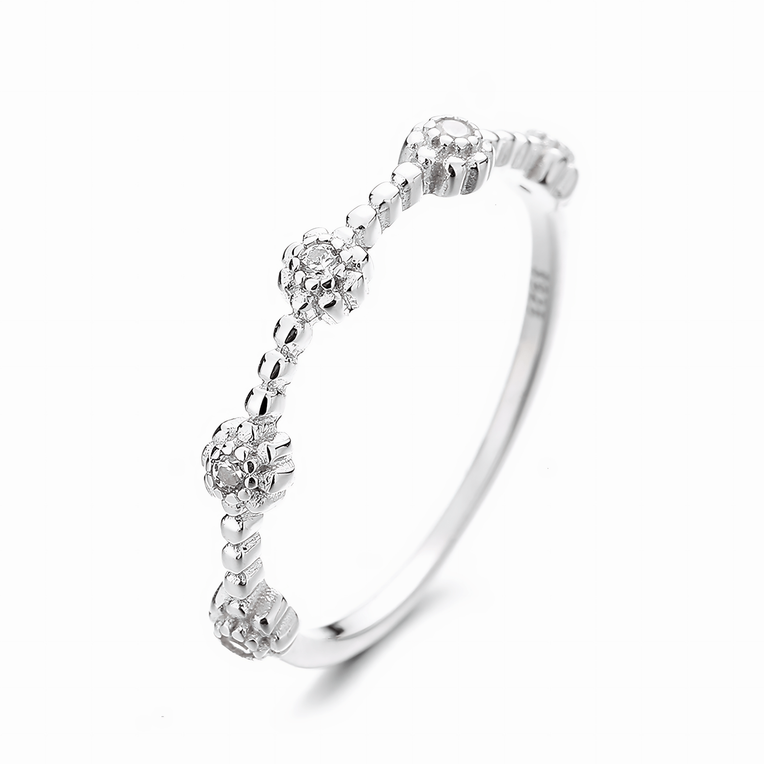 Petite Blossom – Sterling Silver Beaded Ring with Floral CZ Accents - NAFALUXE