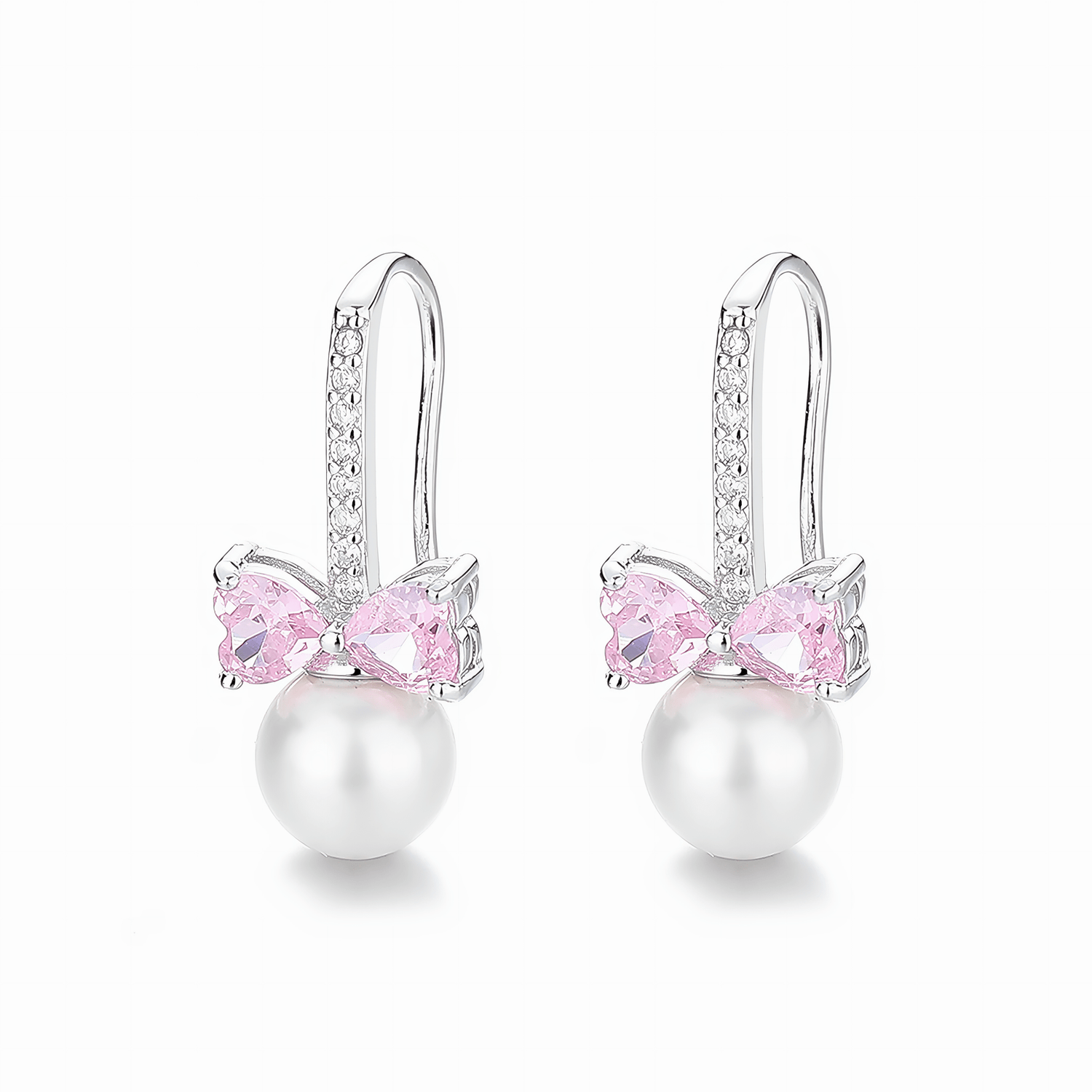 Pink Bow & Pearl Drop Earrings – 925 Sterling Silver with Heart CZ Accents - NAFALUXE