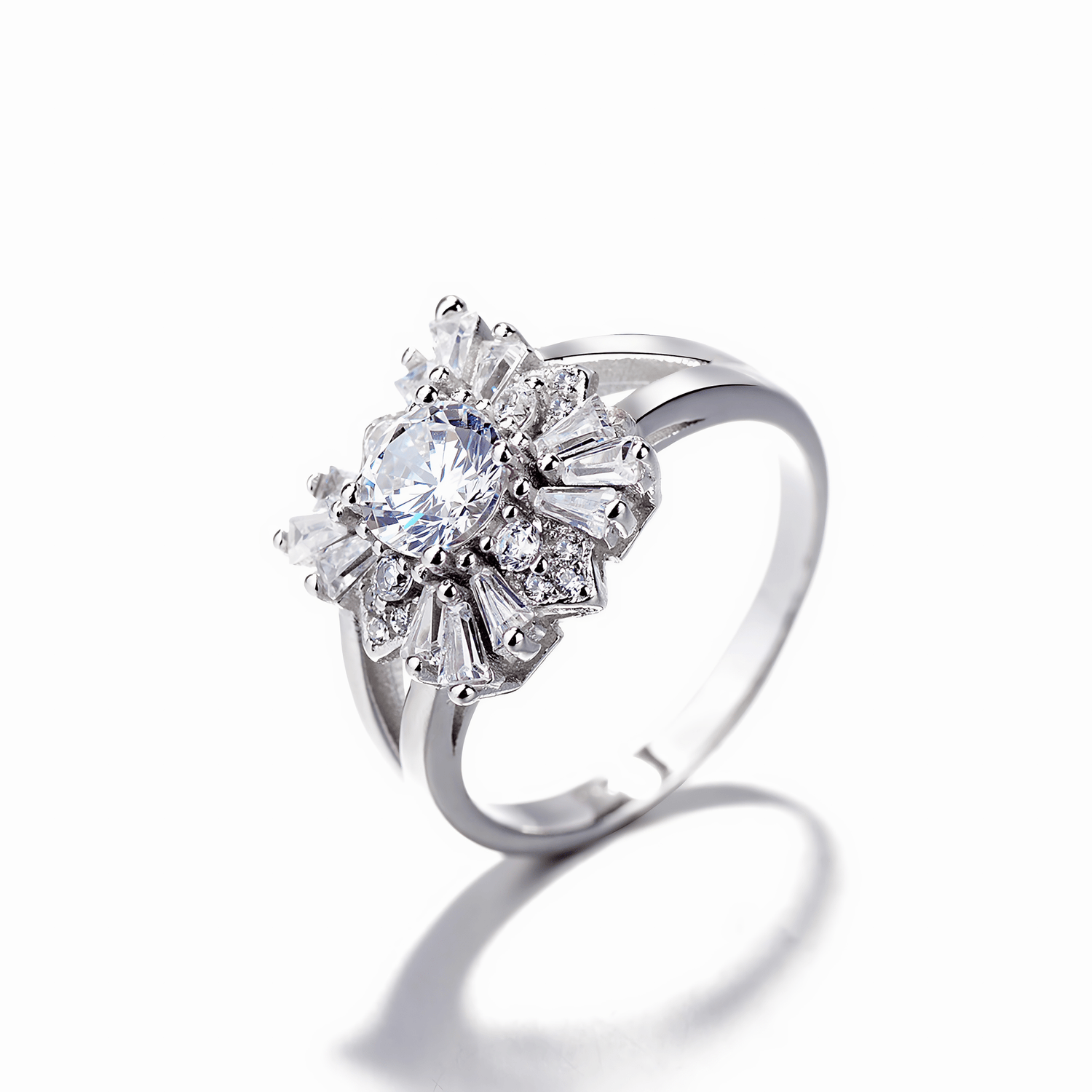 Radiant Bloom Sterling Silver Ring with Baguette and Round Cut Accents - NAFALUXE