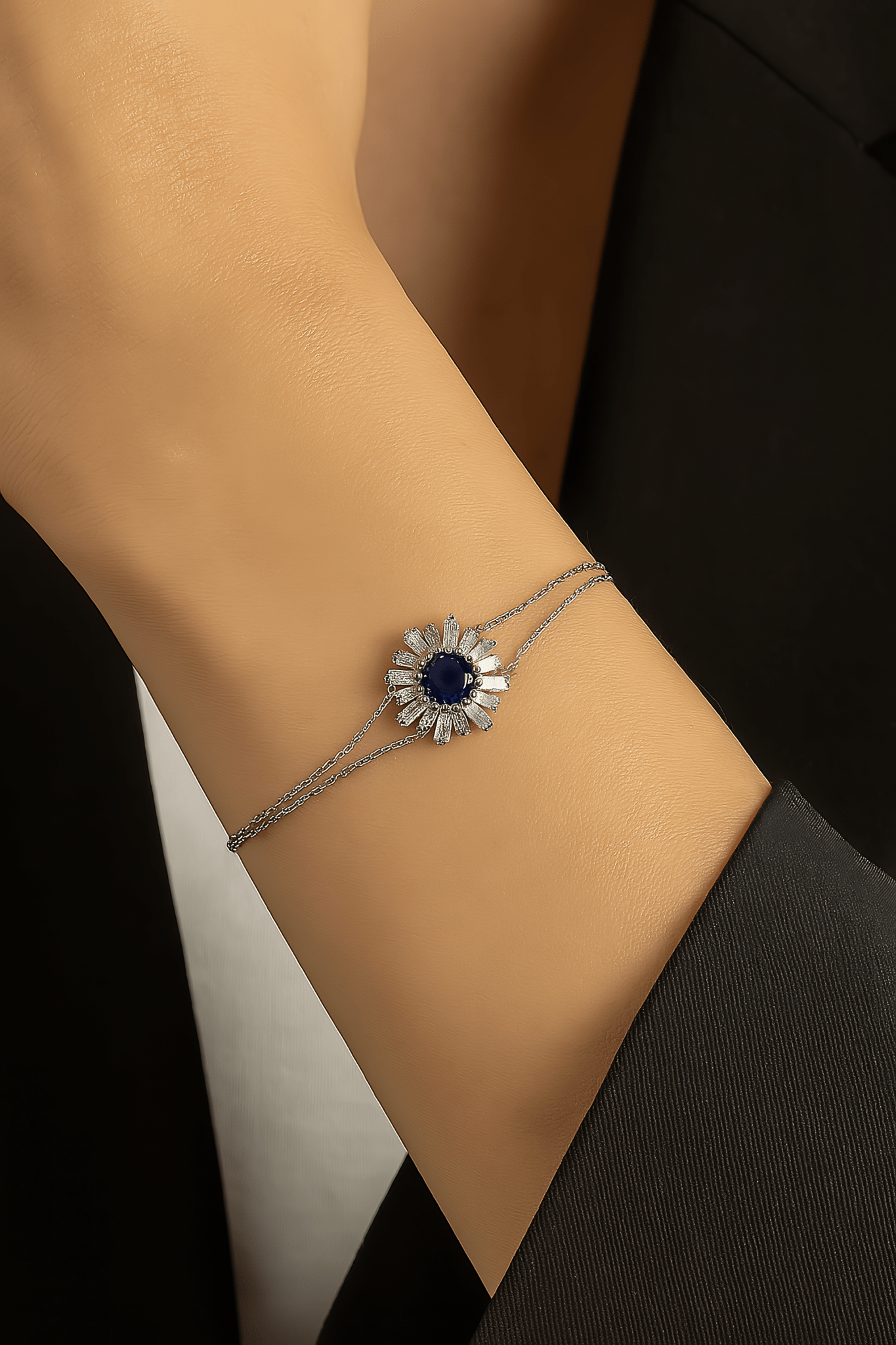 Radiant Sunburst Bracelet with Blue Sapphire Stone Sterling Silver 925 - NAFALUXE