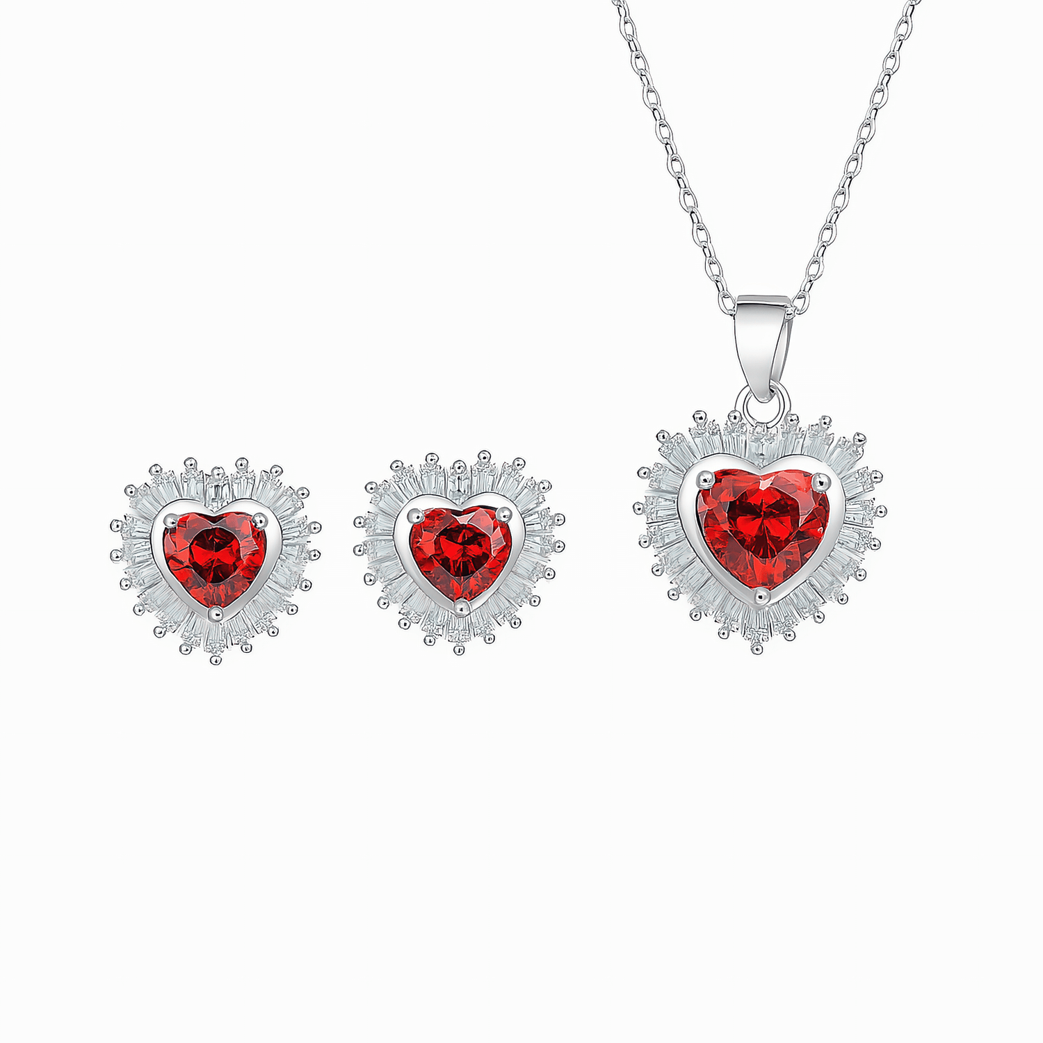 Scarlet Love Set – Radiant Red Heart Necklace and Earrings in Sterling Silver - NAFALUXE