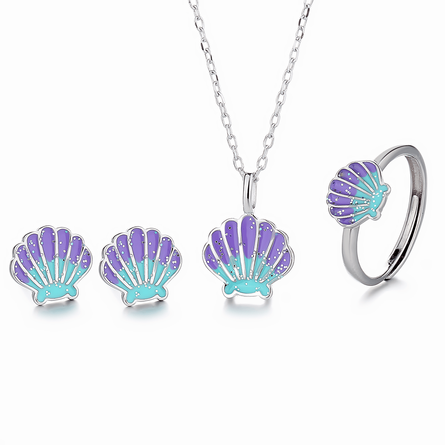 Seashell Jewelry Set – Purple and Aqua Enamel Necklace Earrings Ring - NAFALUXE