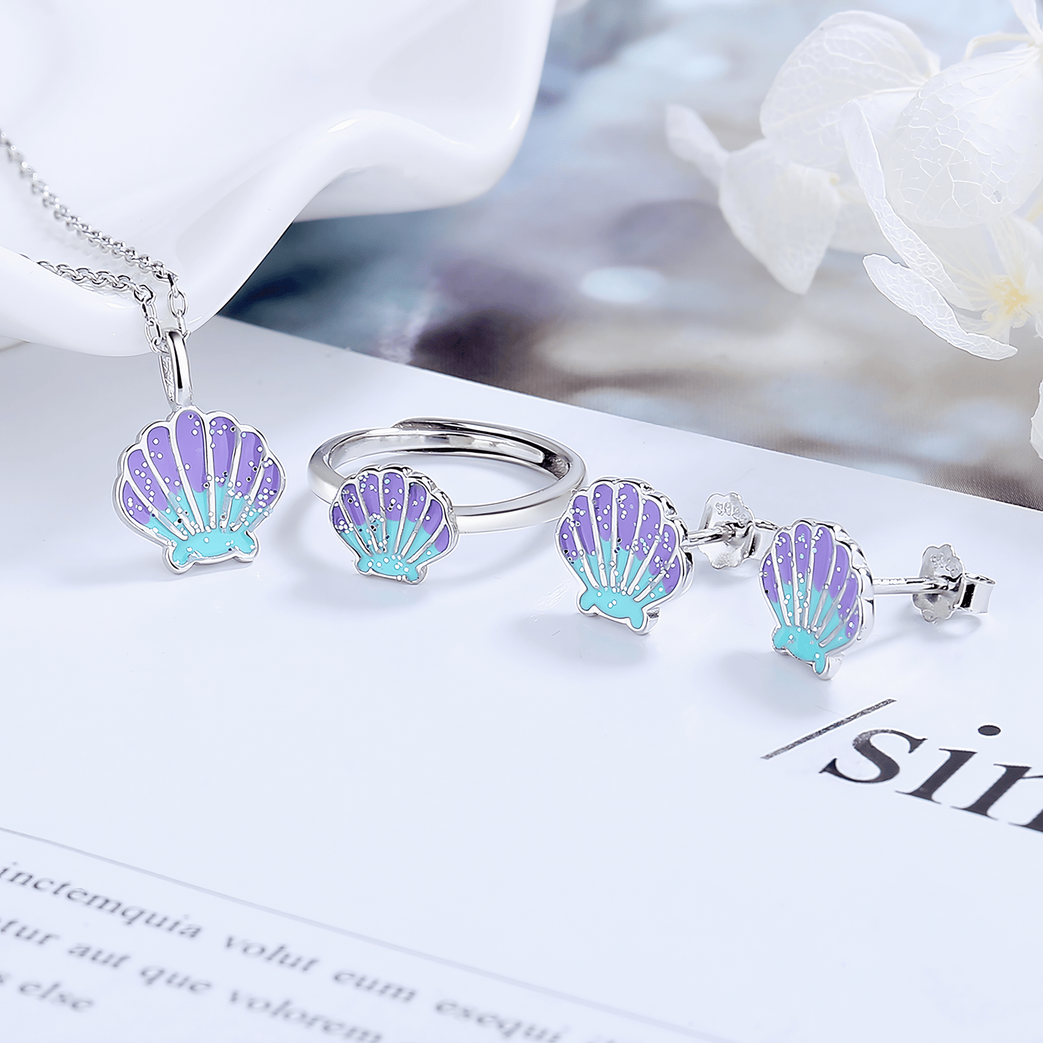 Seashell Jewelry Set – Purple and Aqua Enamel Necklace Earrings Ring - NAFALUXE