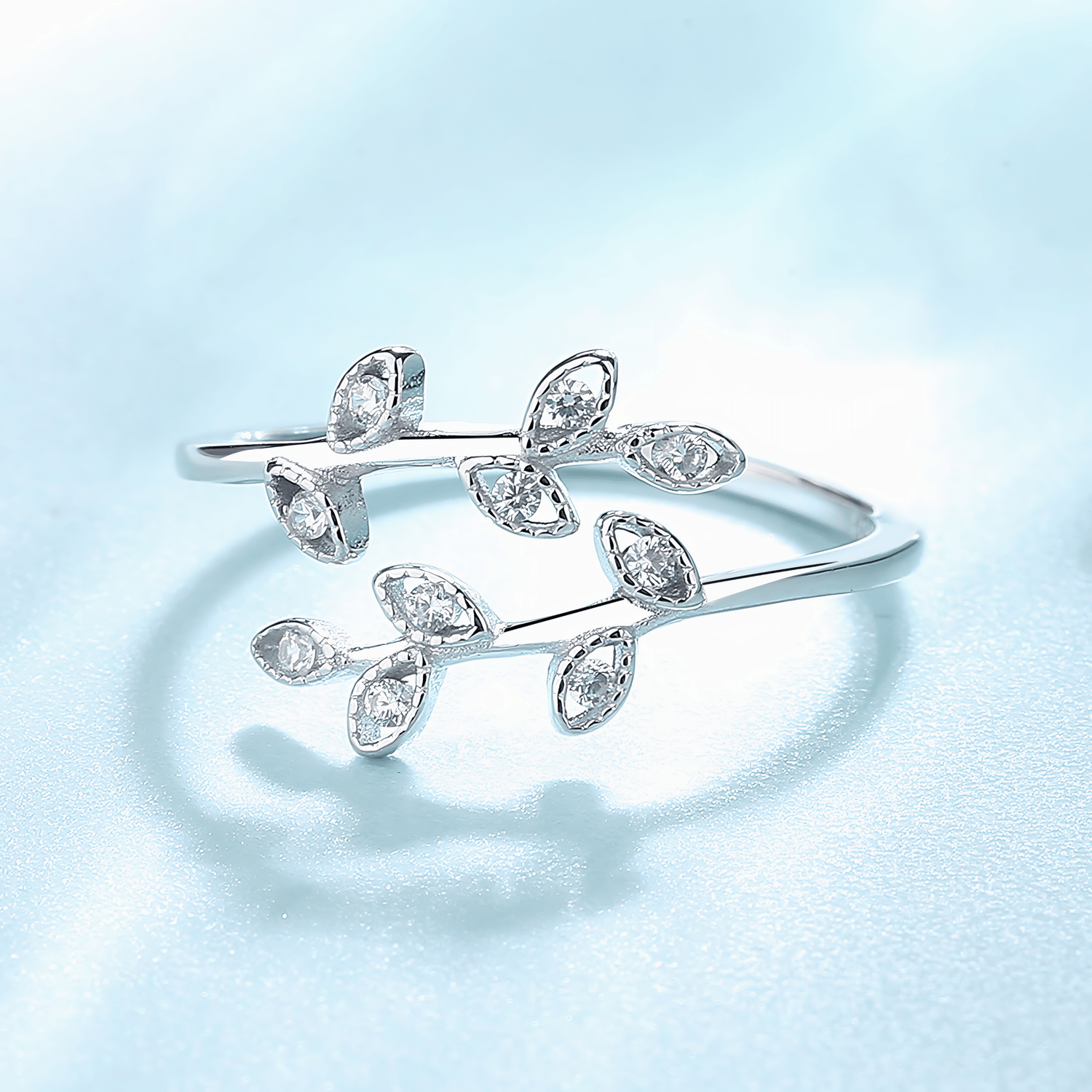 Silver Vine – Sterling Silver Leaf Ring with Sparkling CZ Accents - NAFALUXE