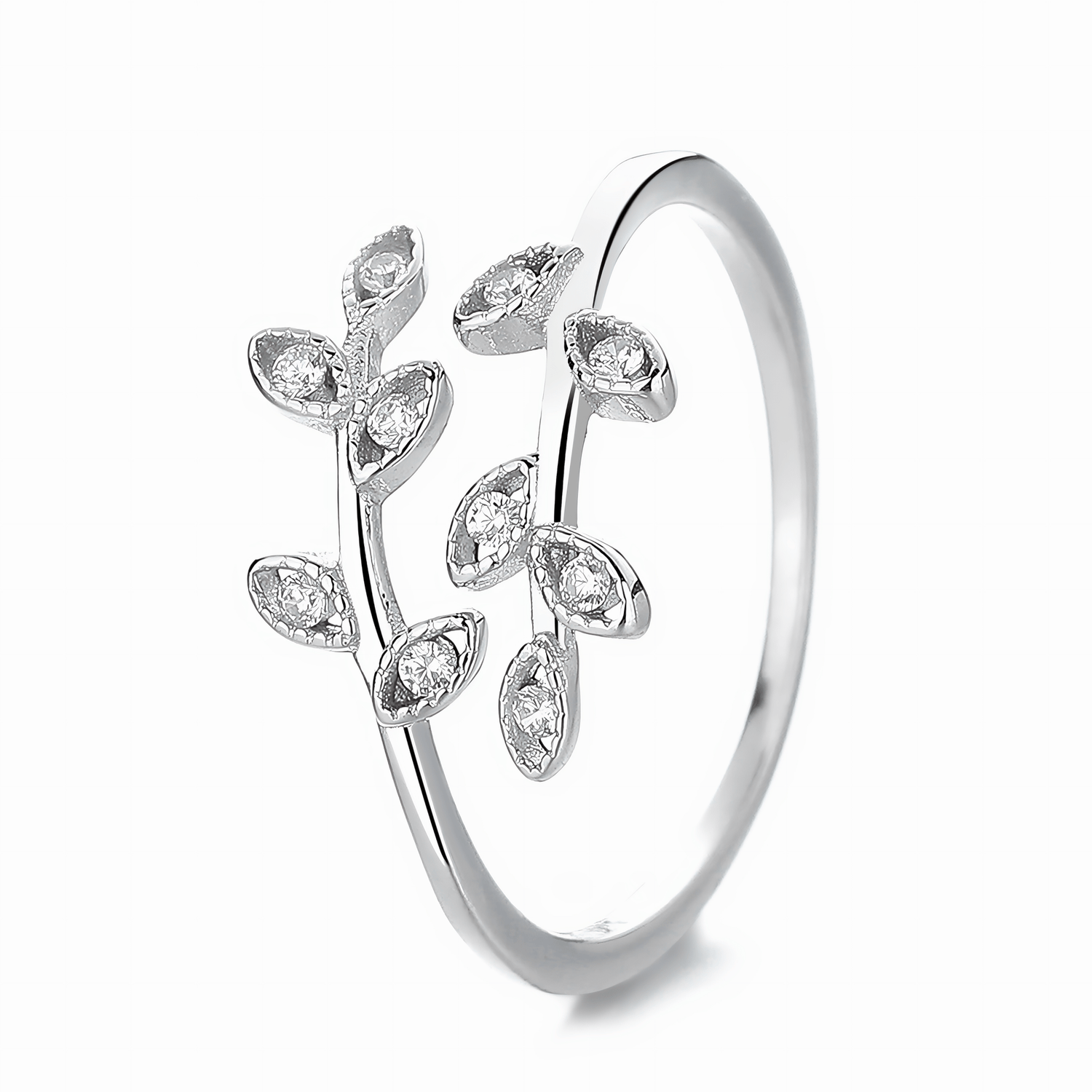 Silver Vine – Sterling Silver Leaf Ring with Sparkling CZ Accents - NAFALUXE
