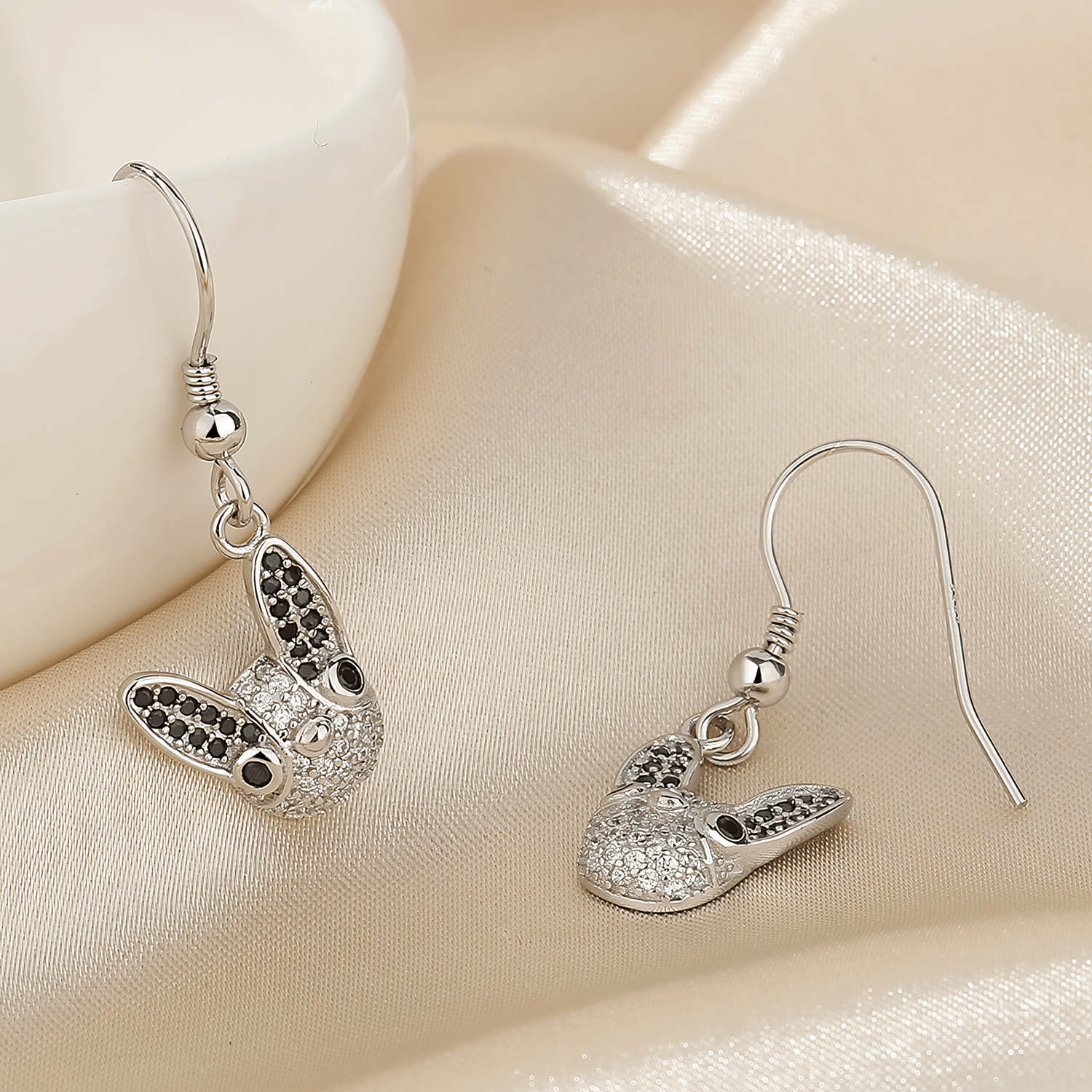 Sparkling Bunny Drop Earrings – Black & White CZ in Sterling Silver - NAFALUXE