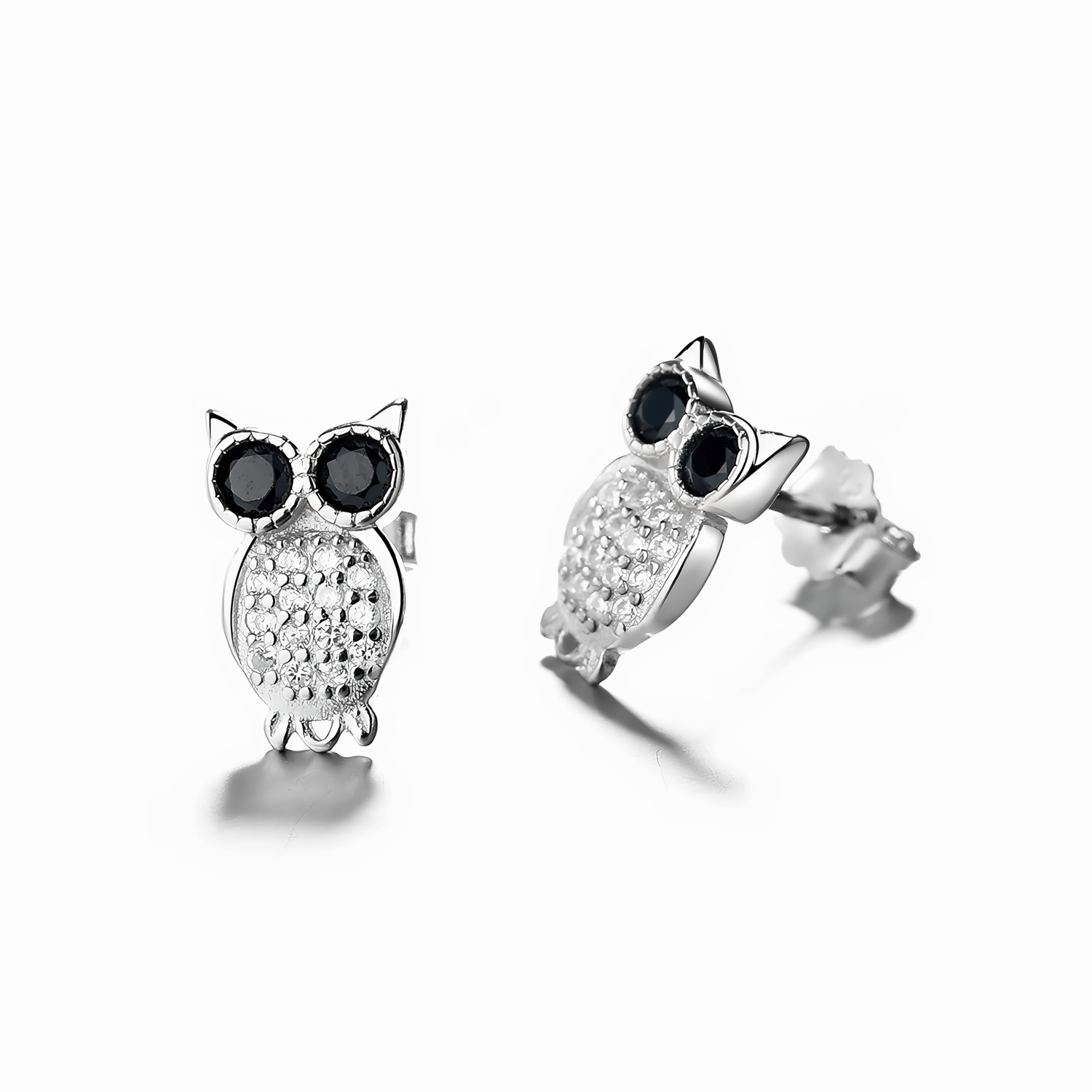 Sparkling Owl Stud Earrings – 925 Sterling Silver with Black and White Zirconia Stones - NAFALUXE