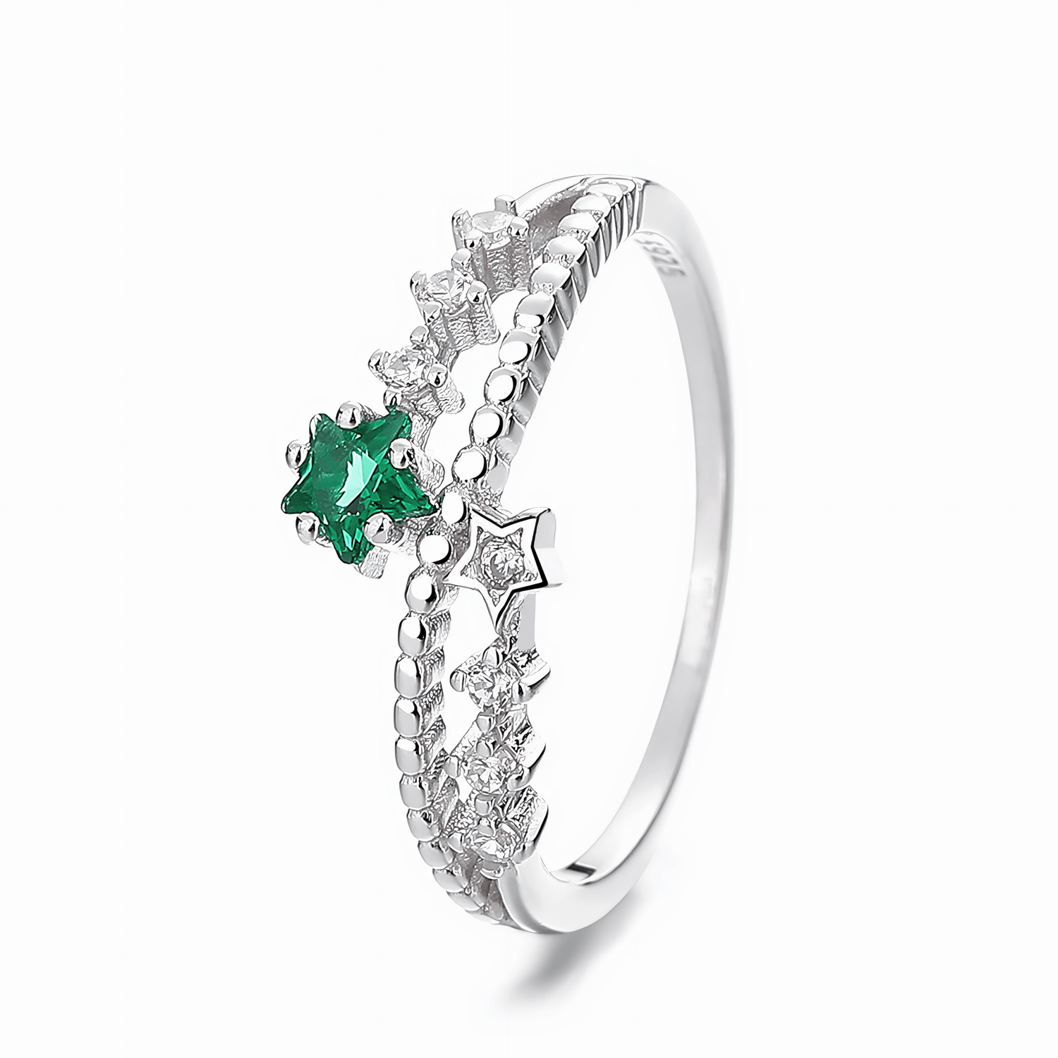 Starlit Garden – Sterling Silver Ring with Green Star CZ and Sparkling Accents - NAFALUXE