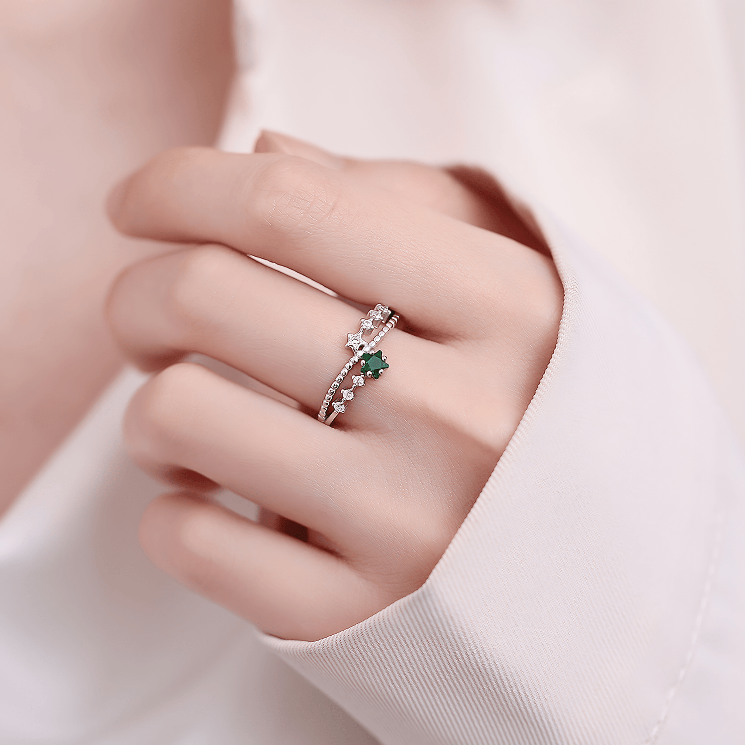 Starlit Garden – Sterling Silver Ring with Green Star CZ and Sparkling Accents - NAFALUXE