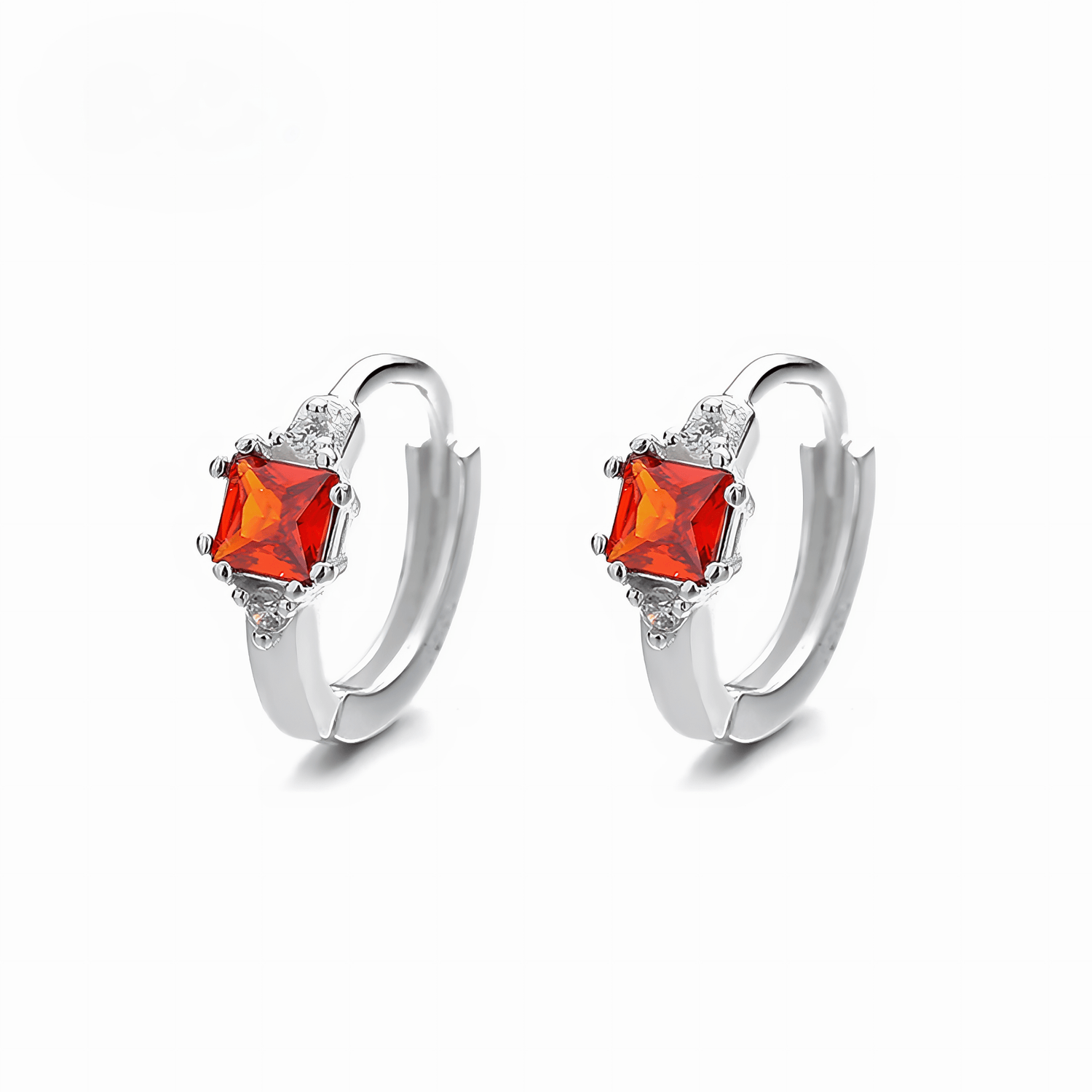 Sterling Silver 925 Hoop Earrings with Red Princess - Cut Stone - NAFALUXE
