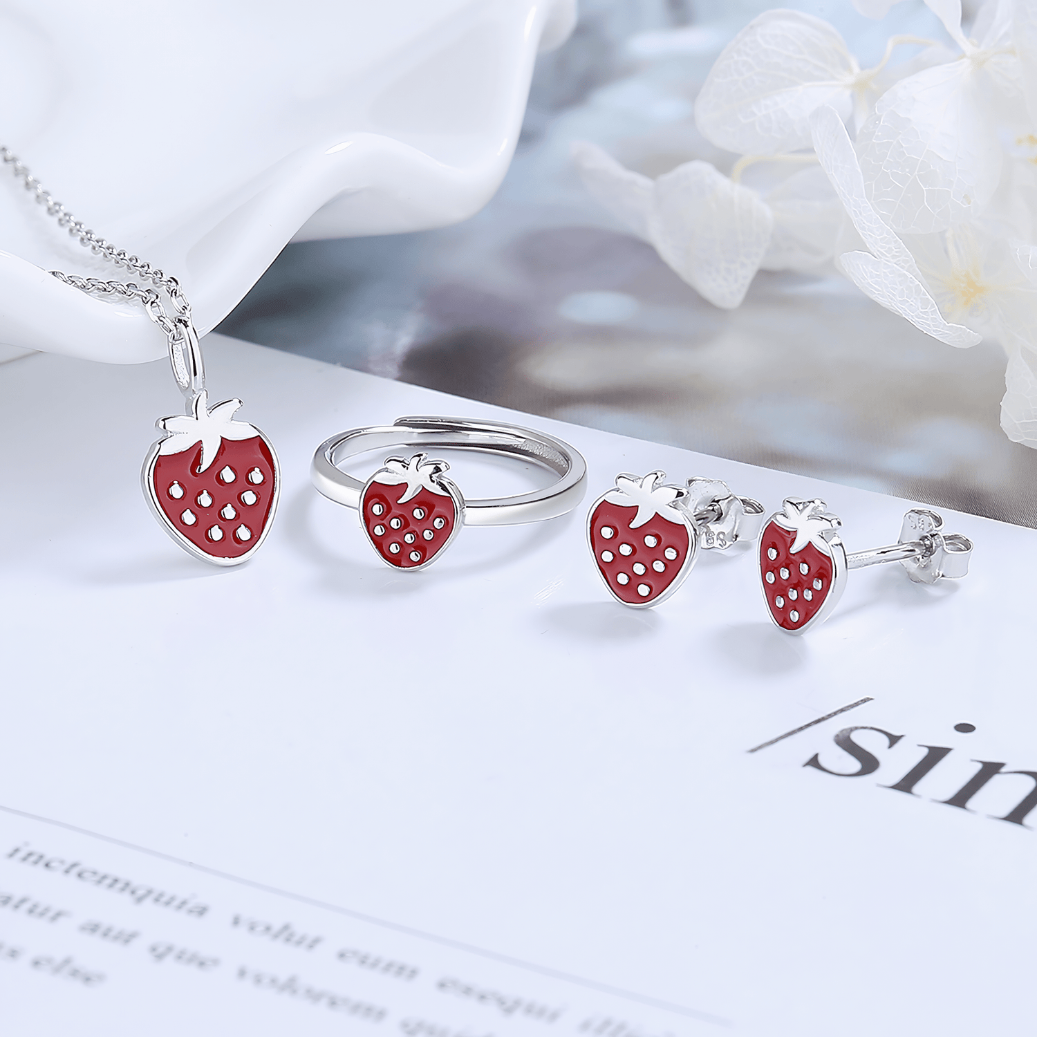 Strawberry Jewelry Set – Necklace Earrings Ring with Enamel Finish - NAFALUXE