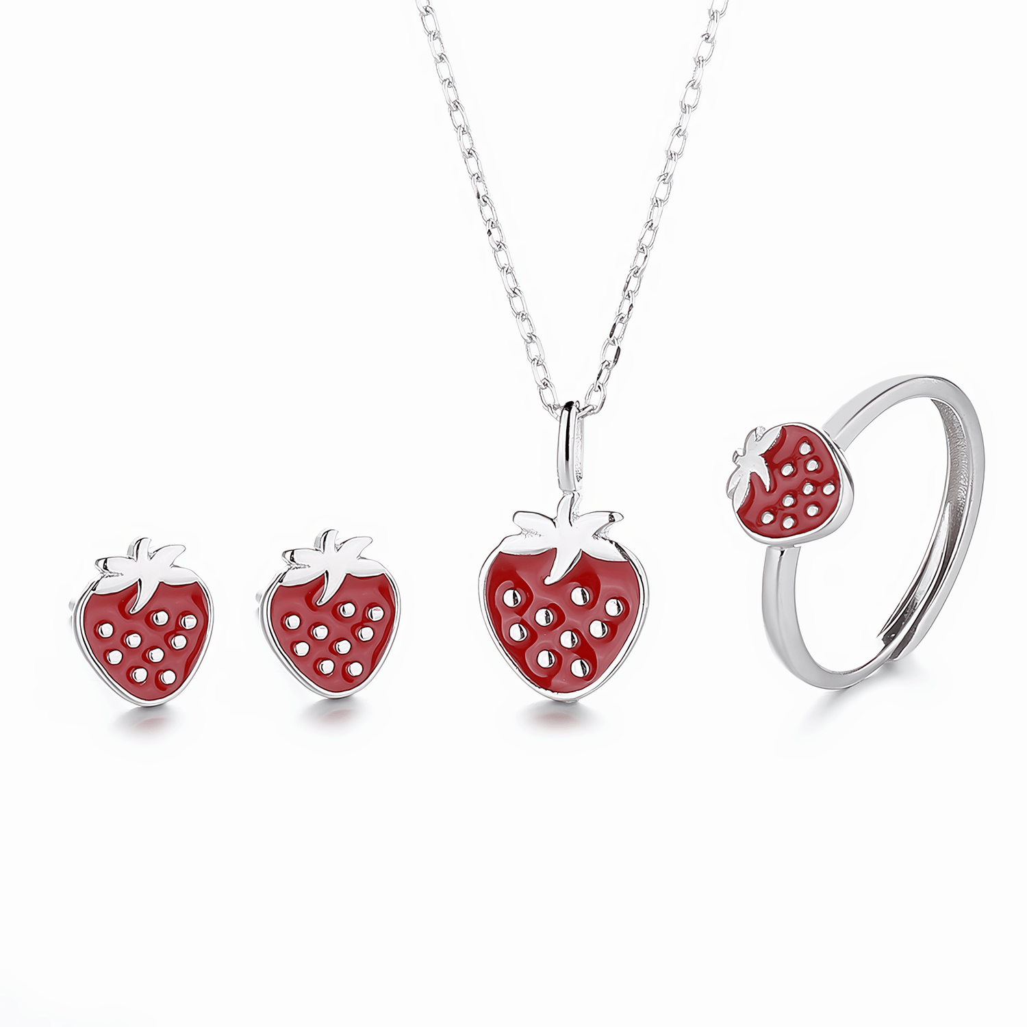 Strawberry Jewelry Set – Necklace Earrings Ring with Enamel Finish - NAFALUXE