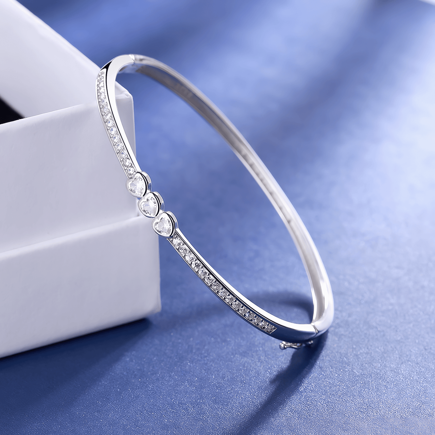 Triple Heart Bangle Bracelet with Sparkling Stones Sterling Silver 925 - NAFALUXE