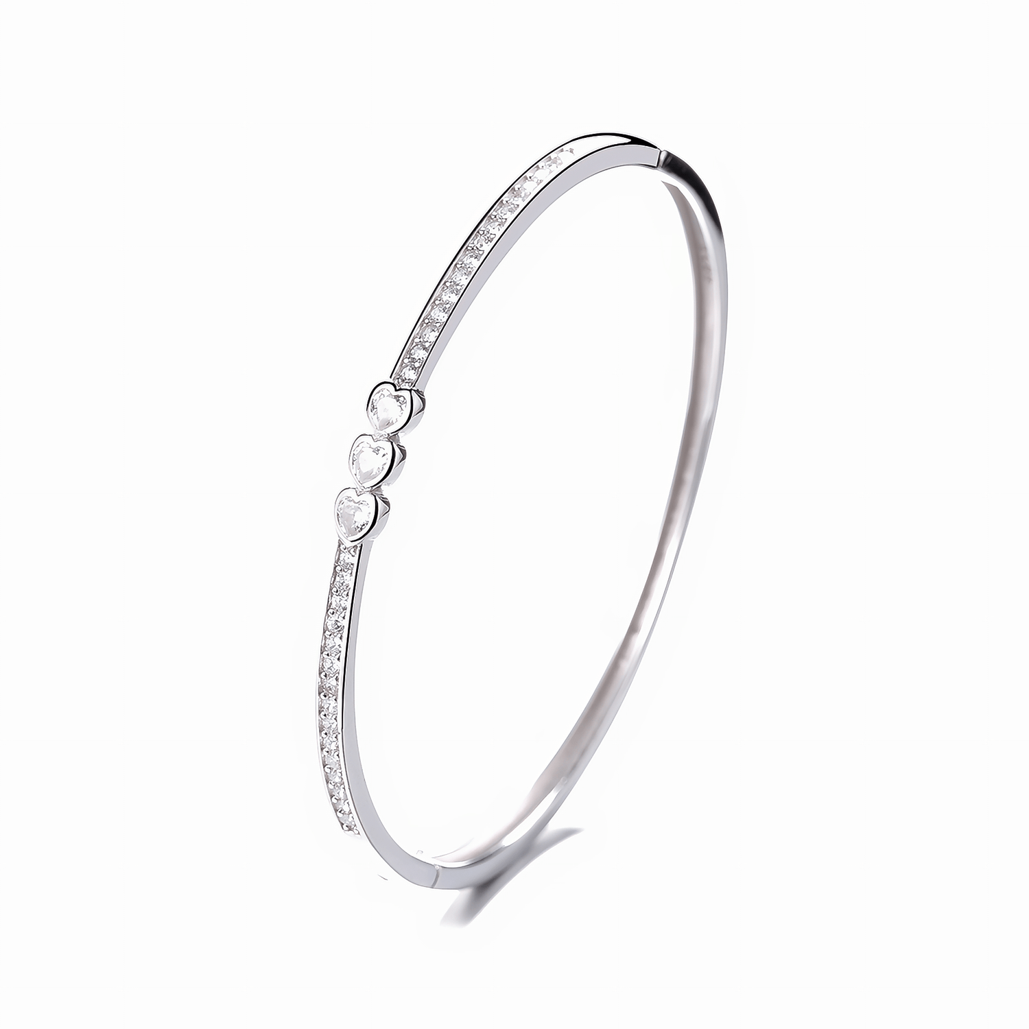 Triple Heart Bangle Bracelet with Sparkling Stones Sterling Silver 925 - NAFALUXE