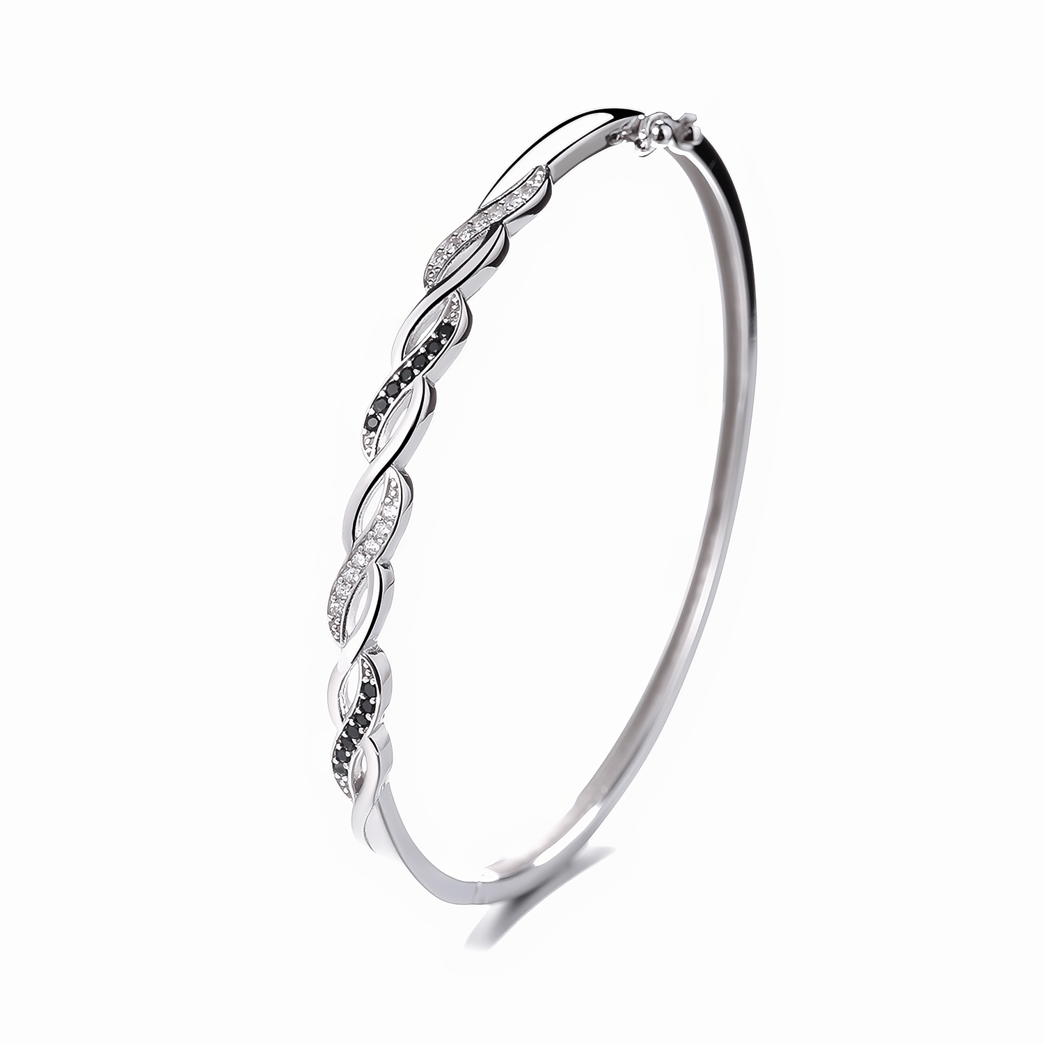 Twist Bangle Bracelet with Black and White Stones Sterling Silver 925 - NAFALUXE