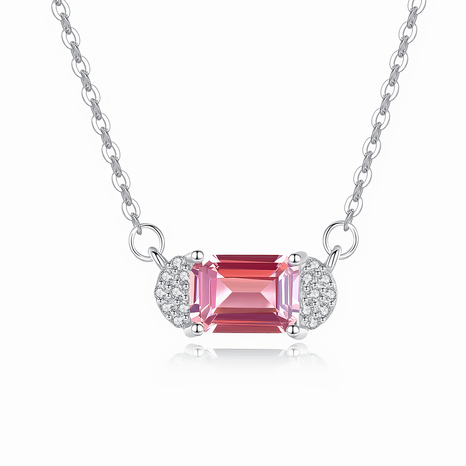 Elegant Pink CZ Emerald-Cut Pendant Necklace in Sterling Silver