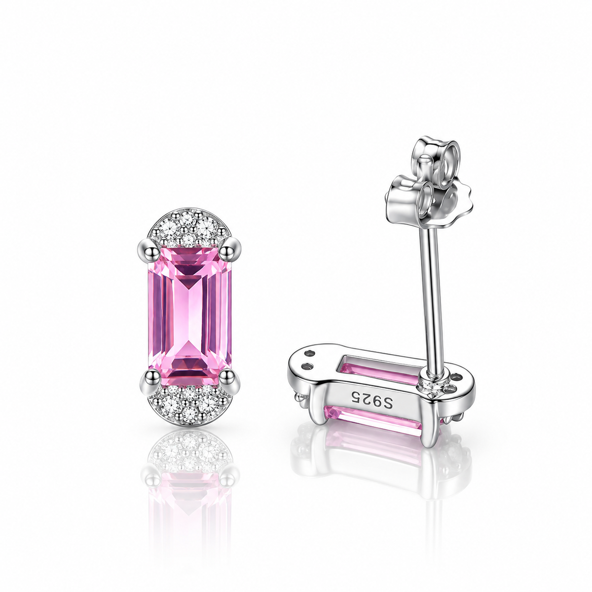 Elegant Pink Emerald-Cut CZ Stud Earrings in 925 Sterling Silver